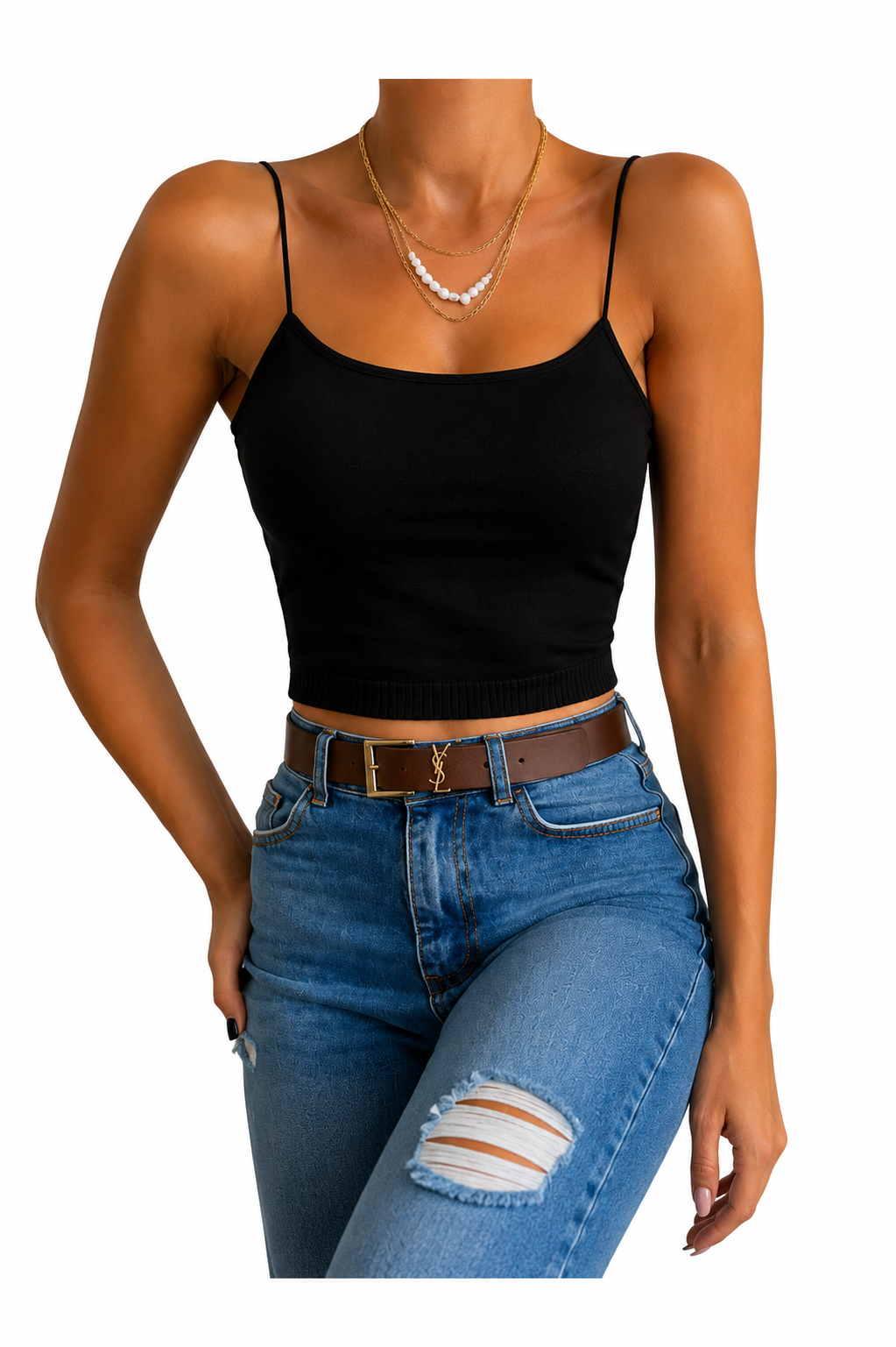 Kadın Siyah Askılı Crop Penye Bluz & Atlet 