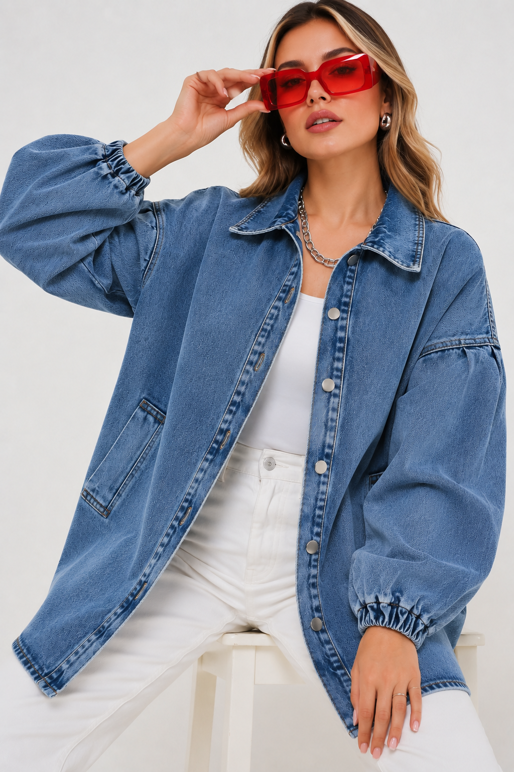 Kadın Lacivert Balon Kollu Denim Ceket 