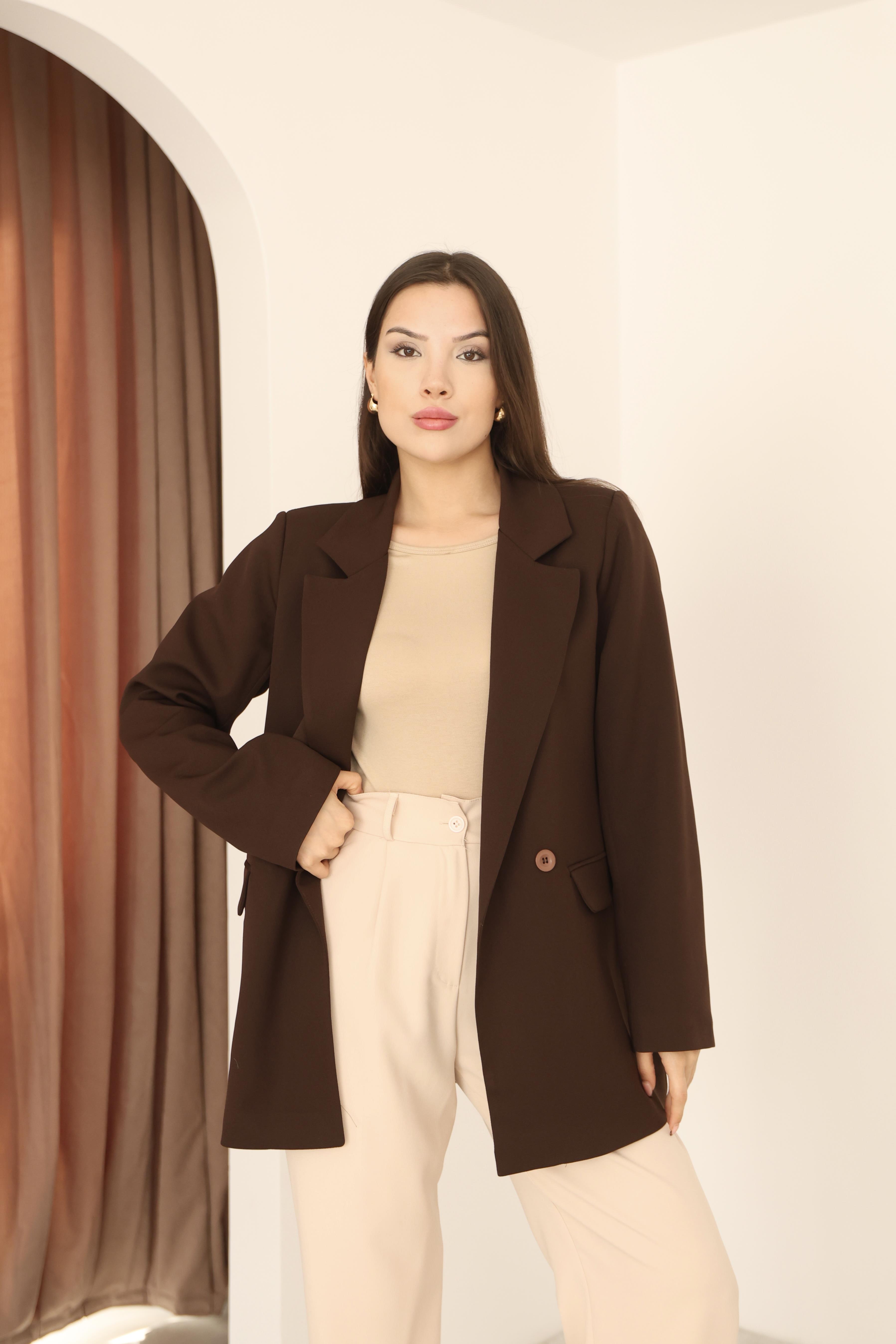 Kahverengi Çift Düğmeli Blazer Ceket