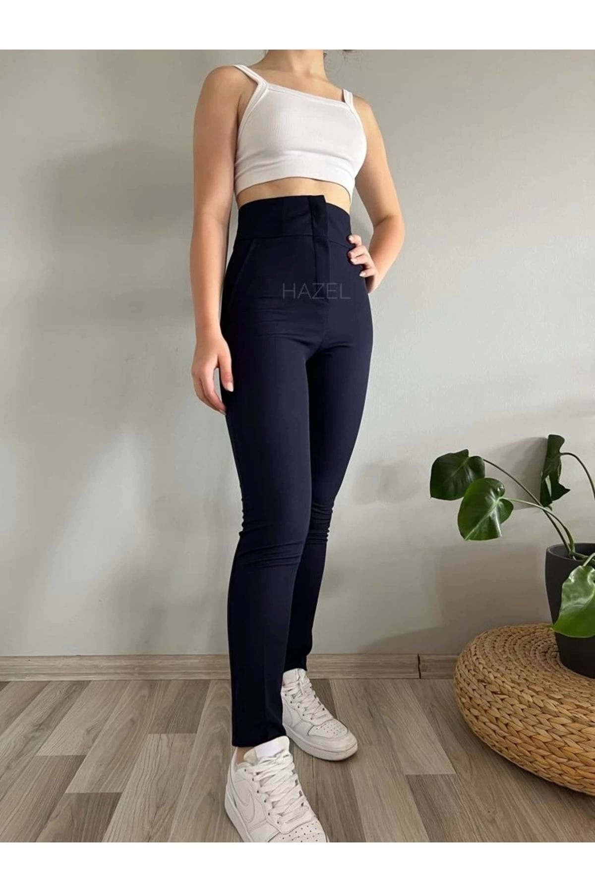 Kadın Lacivert Extra Yüksek Bel Toparlayıcı Dar Paça Kumaş Pantolon