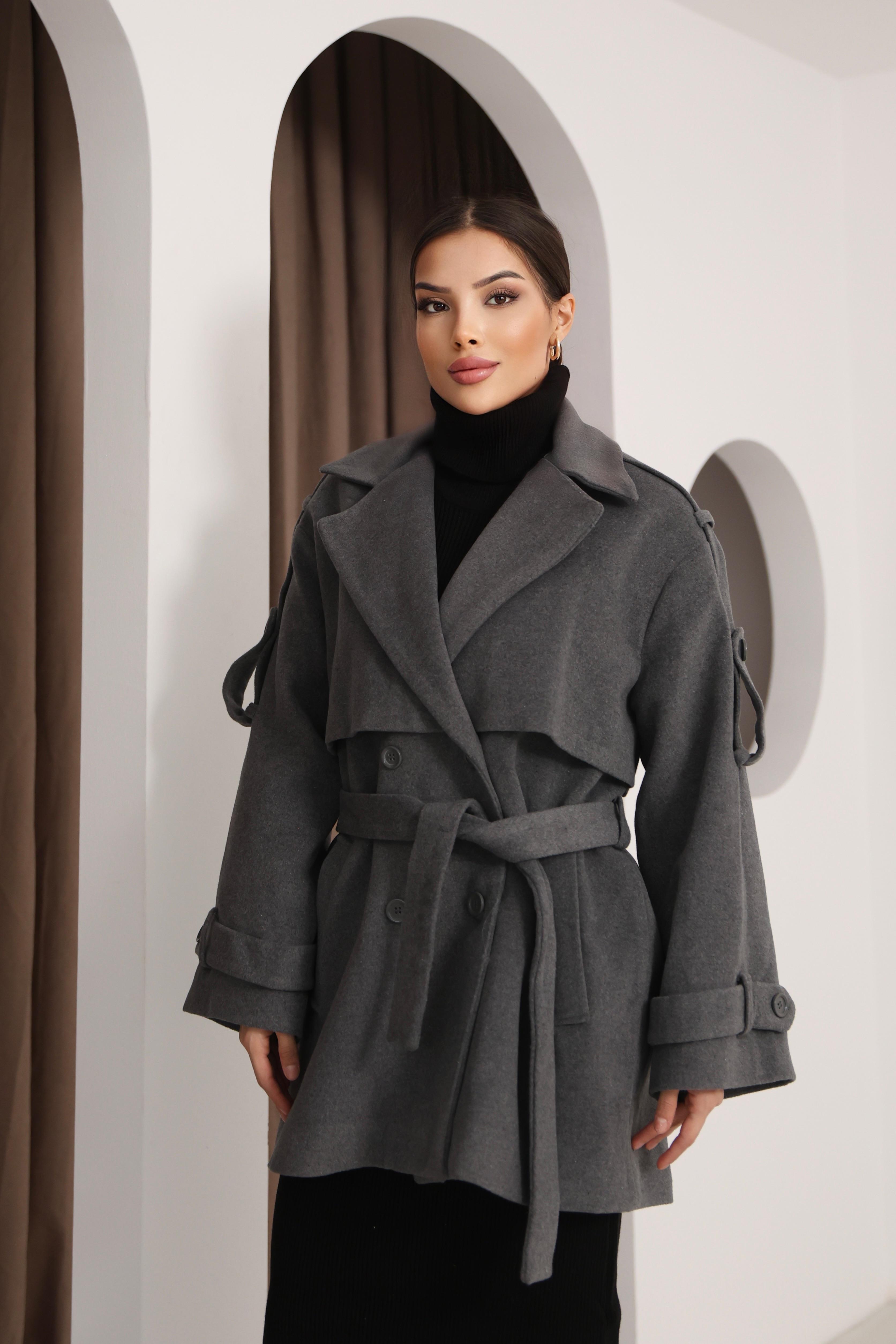 Kadın Gri Kruvaze Oversize Kuşaklı Kaşe Kaban