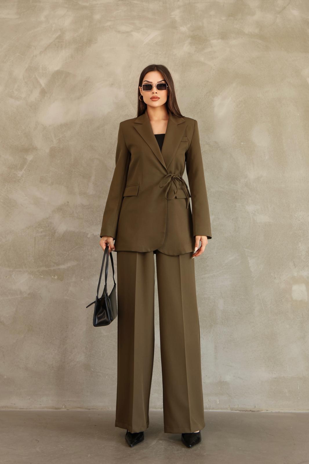 Kadın Haki Yandan Bağlamalı Blazer Ceket Pantolon Takım
