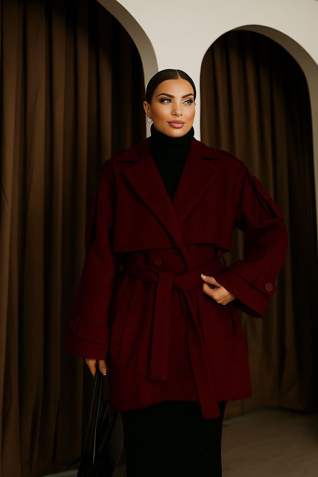 Kadın Bordo Kruvaze Oversize Kuşaklı Kaşe Kaban