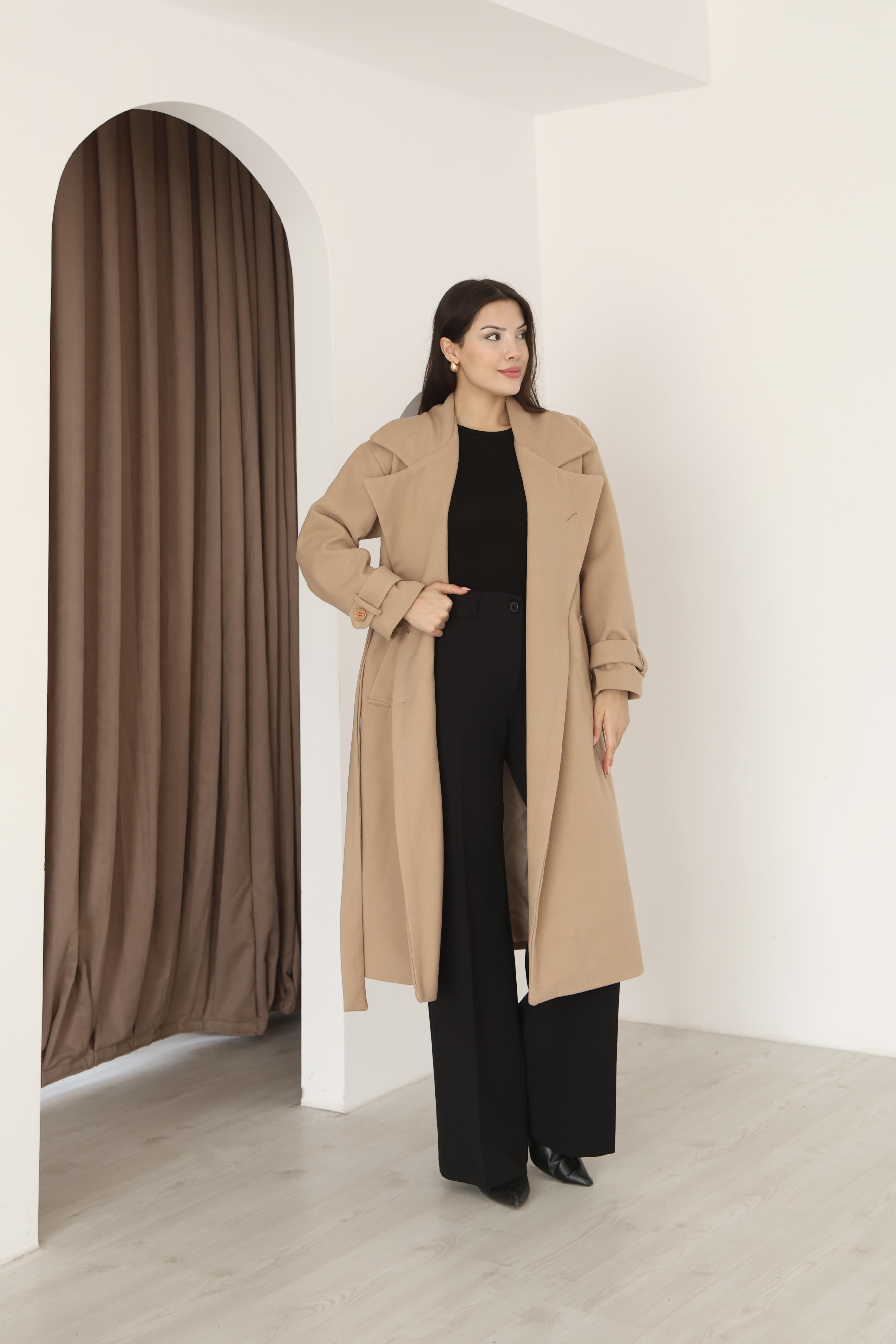 Kadın Vizon Kruvaze Oversize Kuşaklı Uzun Kaşe Kaban