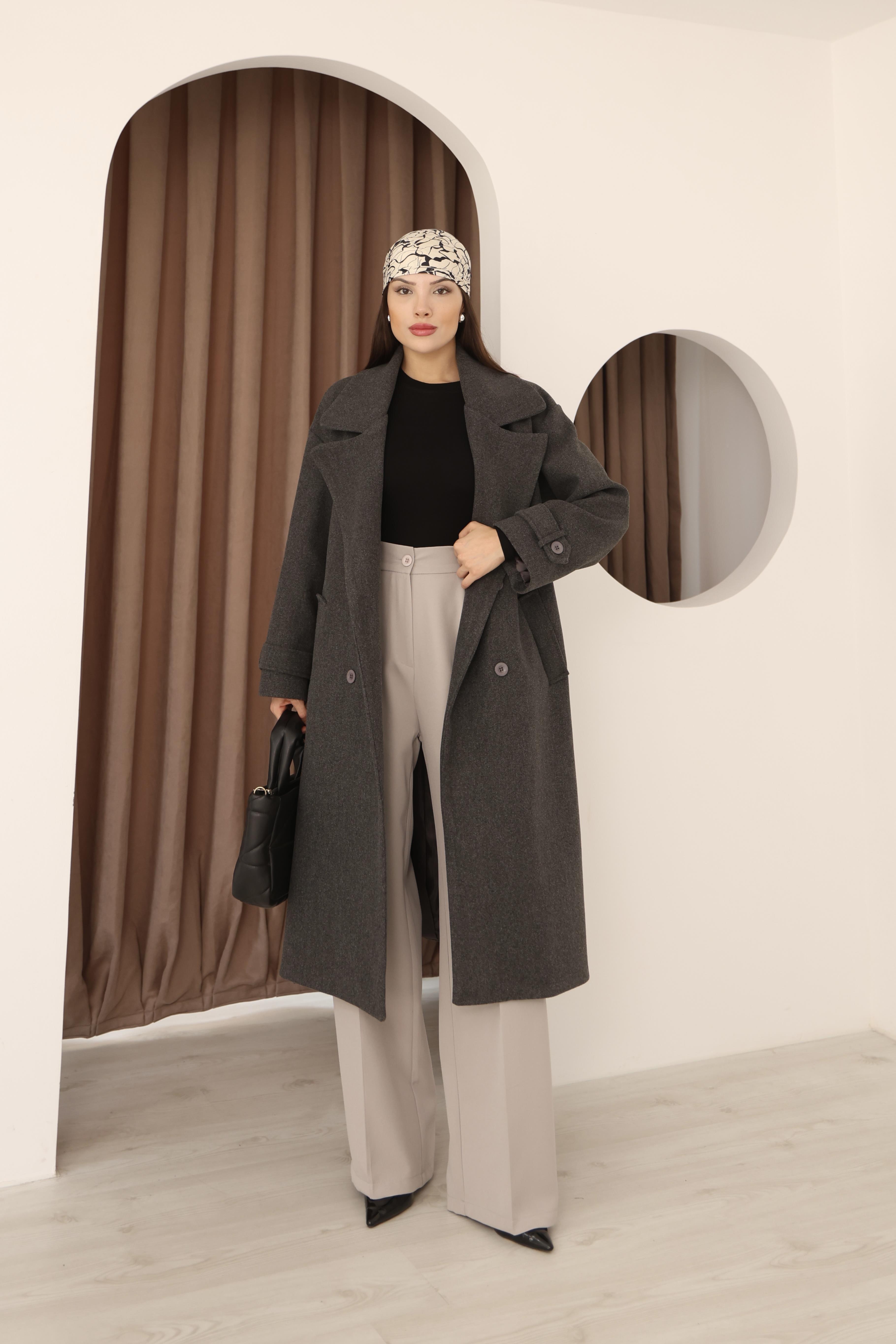 Kadın Antrasit Kruvaze Oversize Kuşaklı Uzun Kaşe Kaban