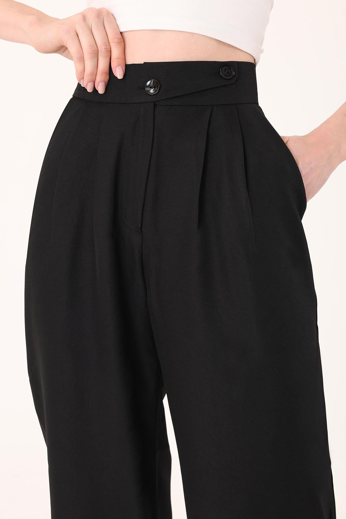 Kadın Siyah Keten Karışımlı Kore Model Palazzo Pantolon