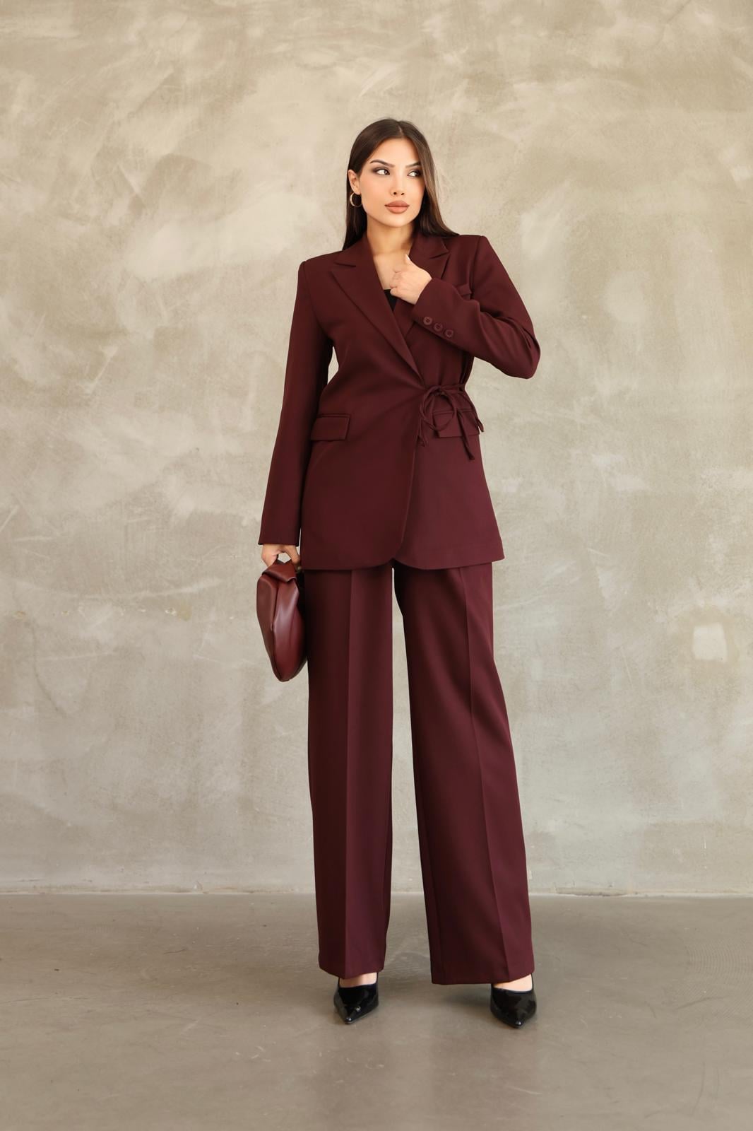 Kadın Vişne Yandan Bağlamalı Blazer Ceket Pantolon Takım
