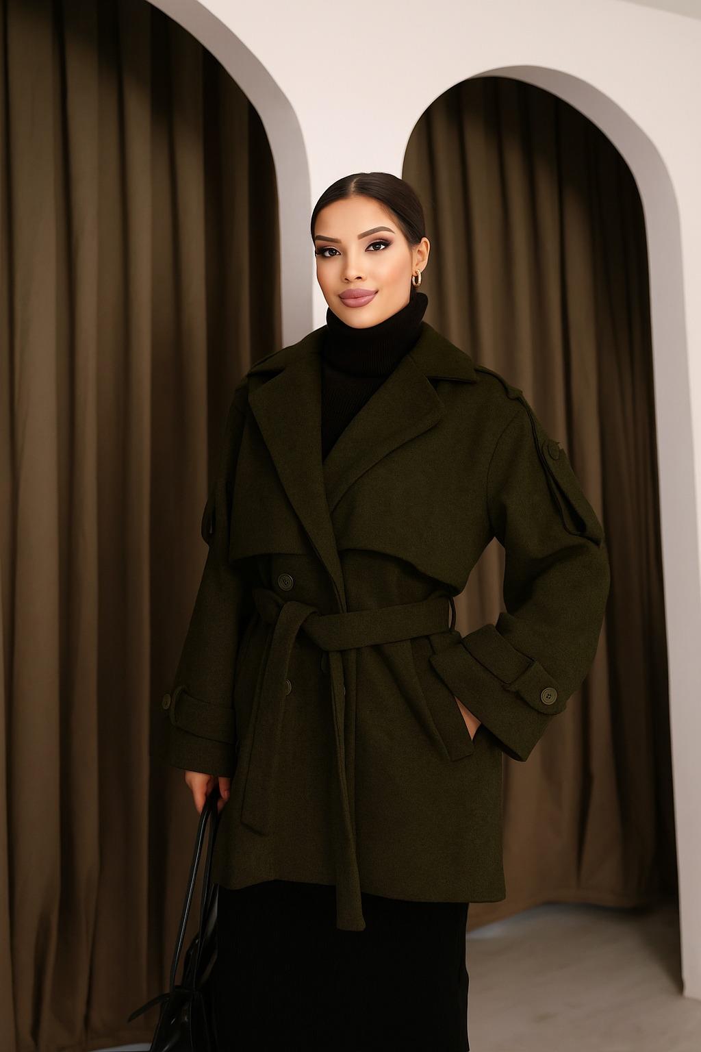 Kadın Haki Kruvaze Oversize Kuşaklı Kaşe Kaban