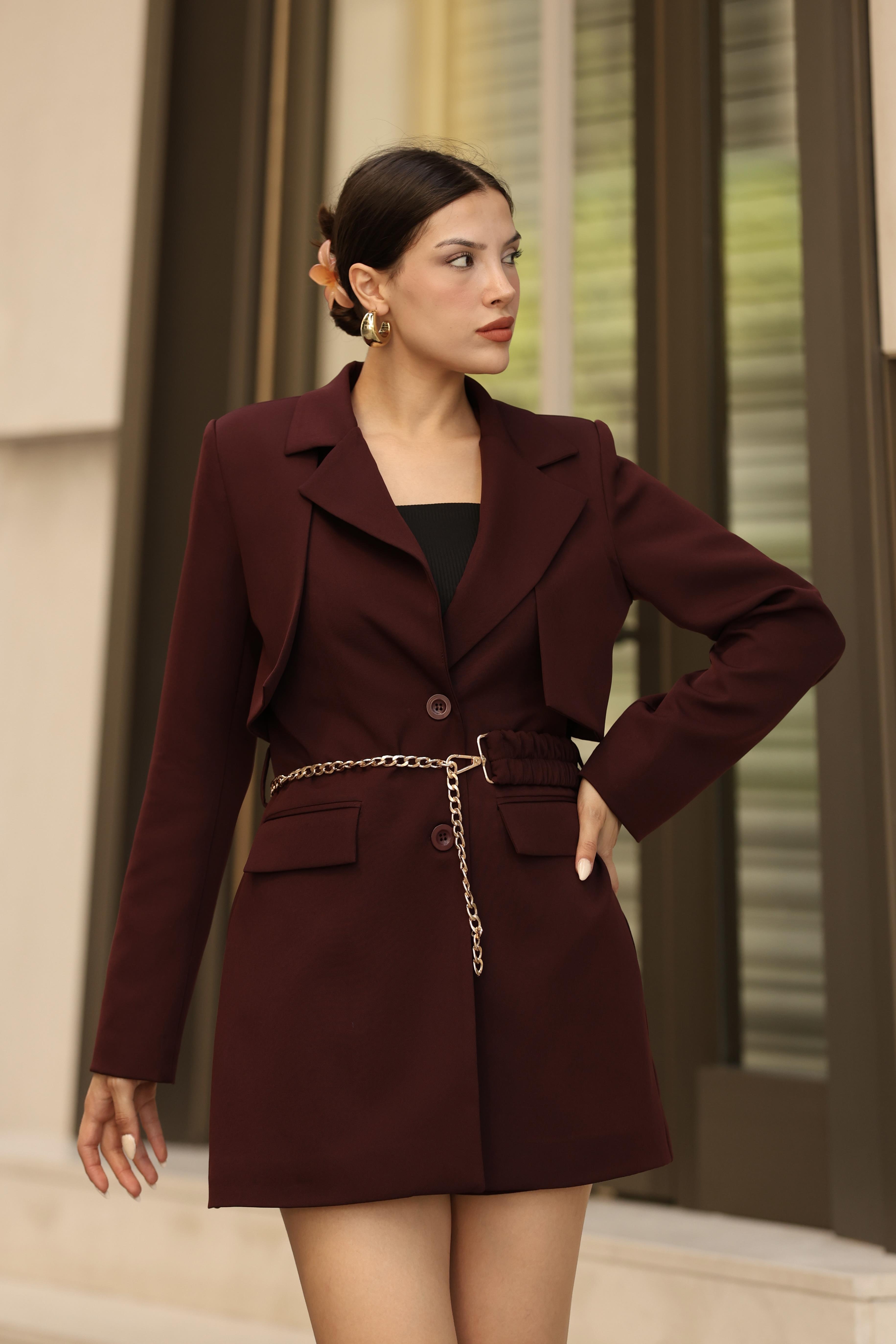 Kadın Zincir Kemer Detaylı Bordo Blazer Ceket Şort Etek Takım