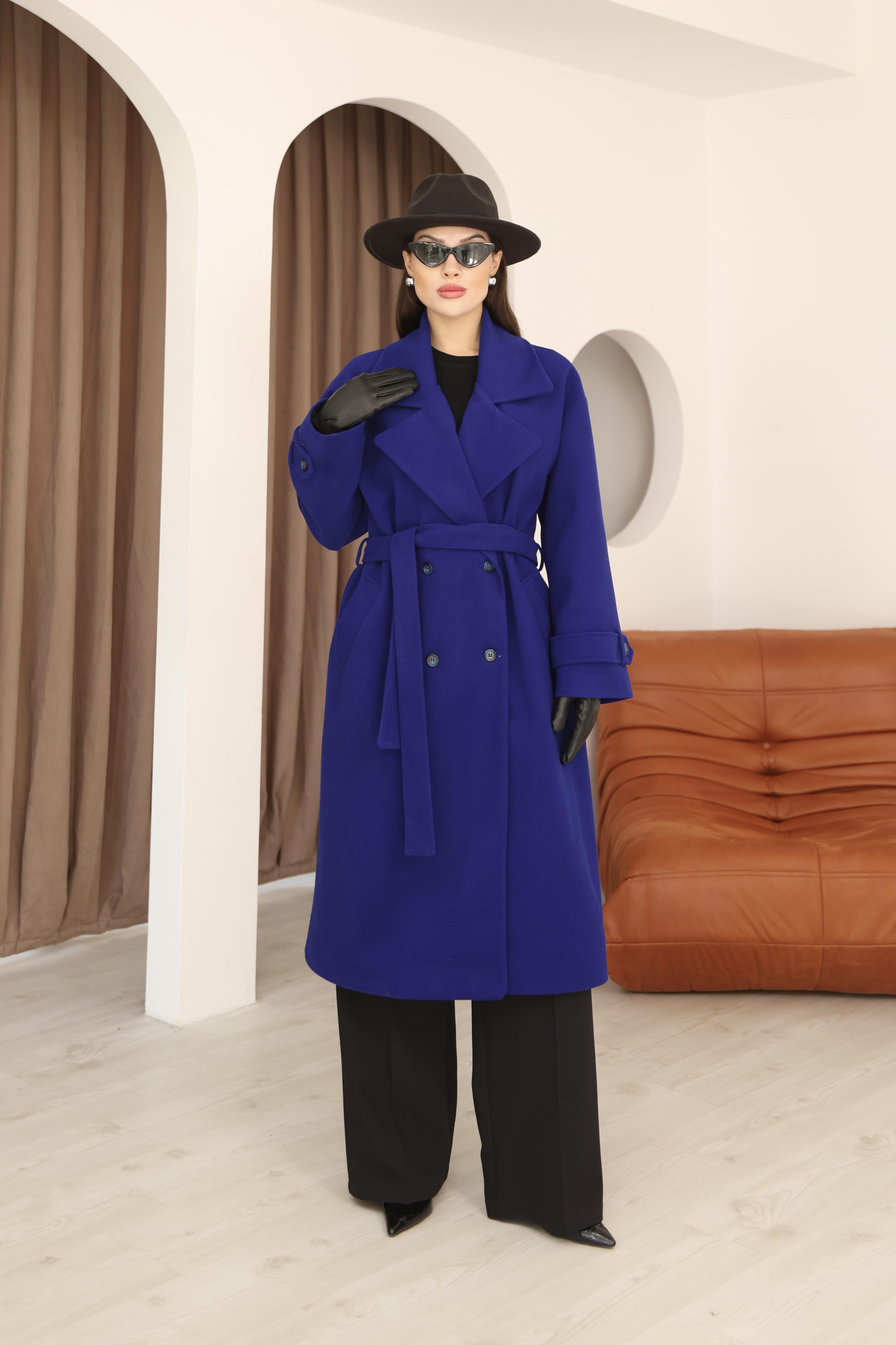 Kadın Saks Mavi Kruvaze Oversize Kuşaklı Uzun Kaşe Kaban