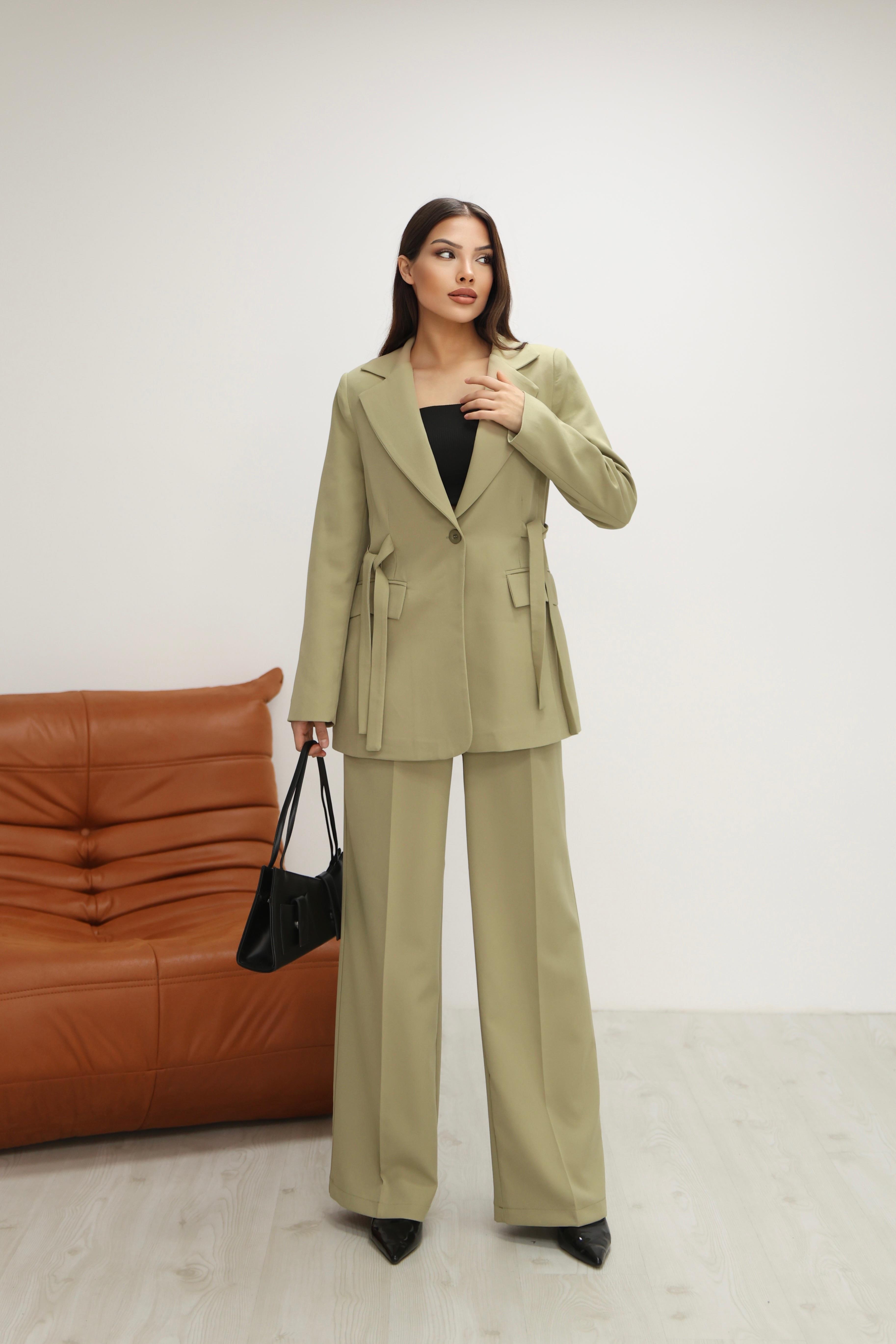 Kadın Haki Yandan Kuşaklı Blazer Ceket Pantolon Takım