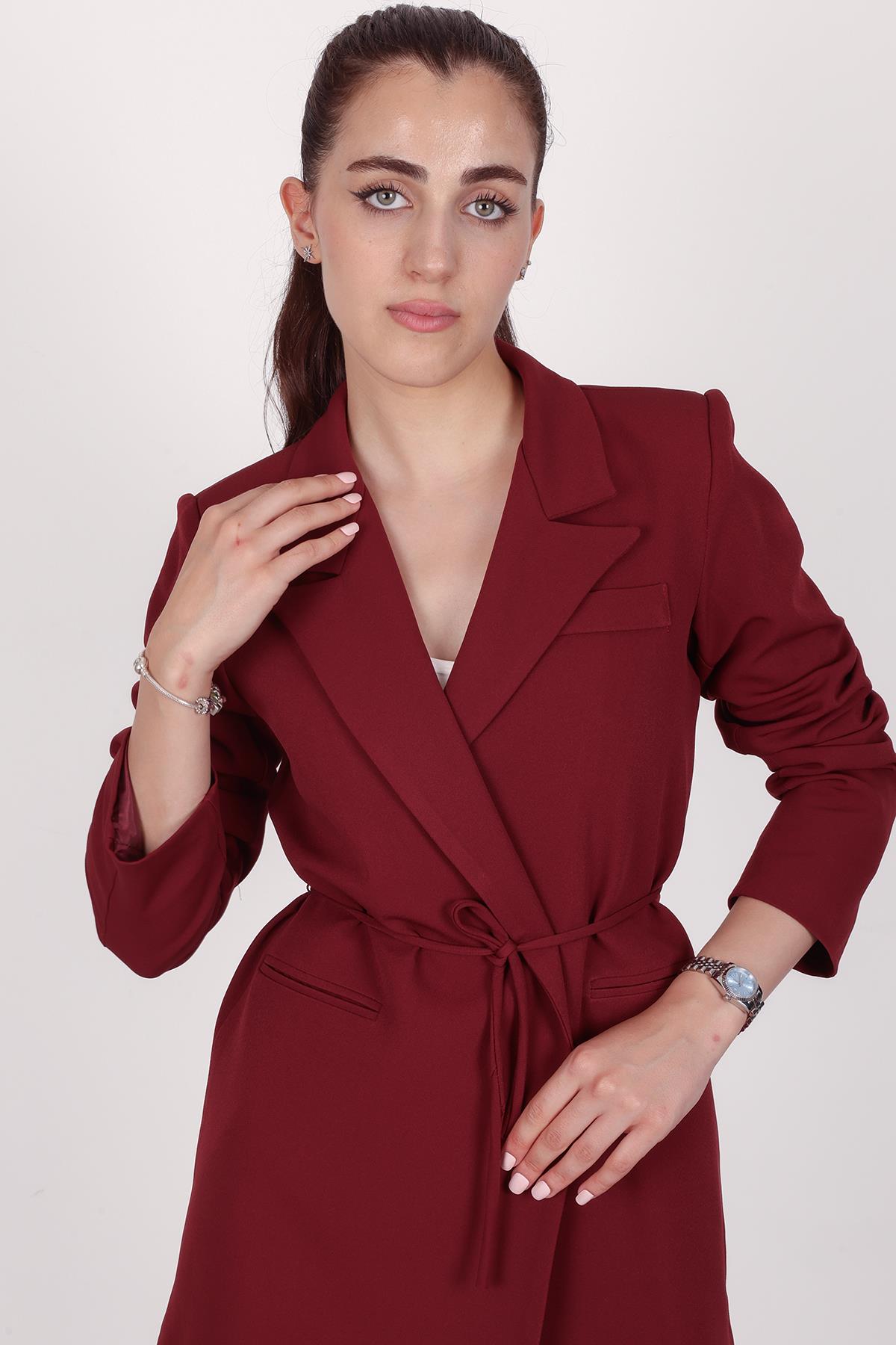 Kadın Bordo Bel Bağlamalı Blazer Ceket