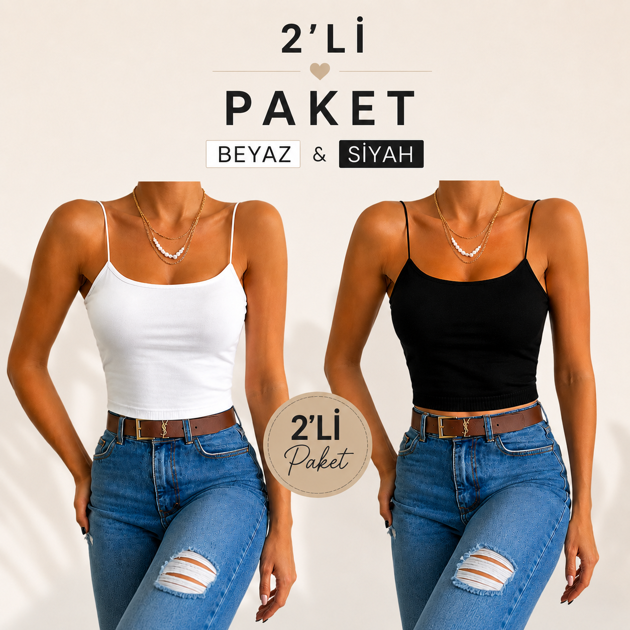 Kadın Beyaz-Siyah Askılı Crop Penye Bluz & Atlet 2'Lİ Set