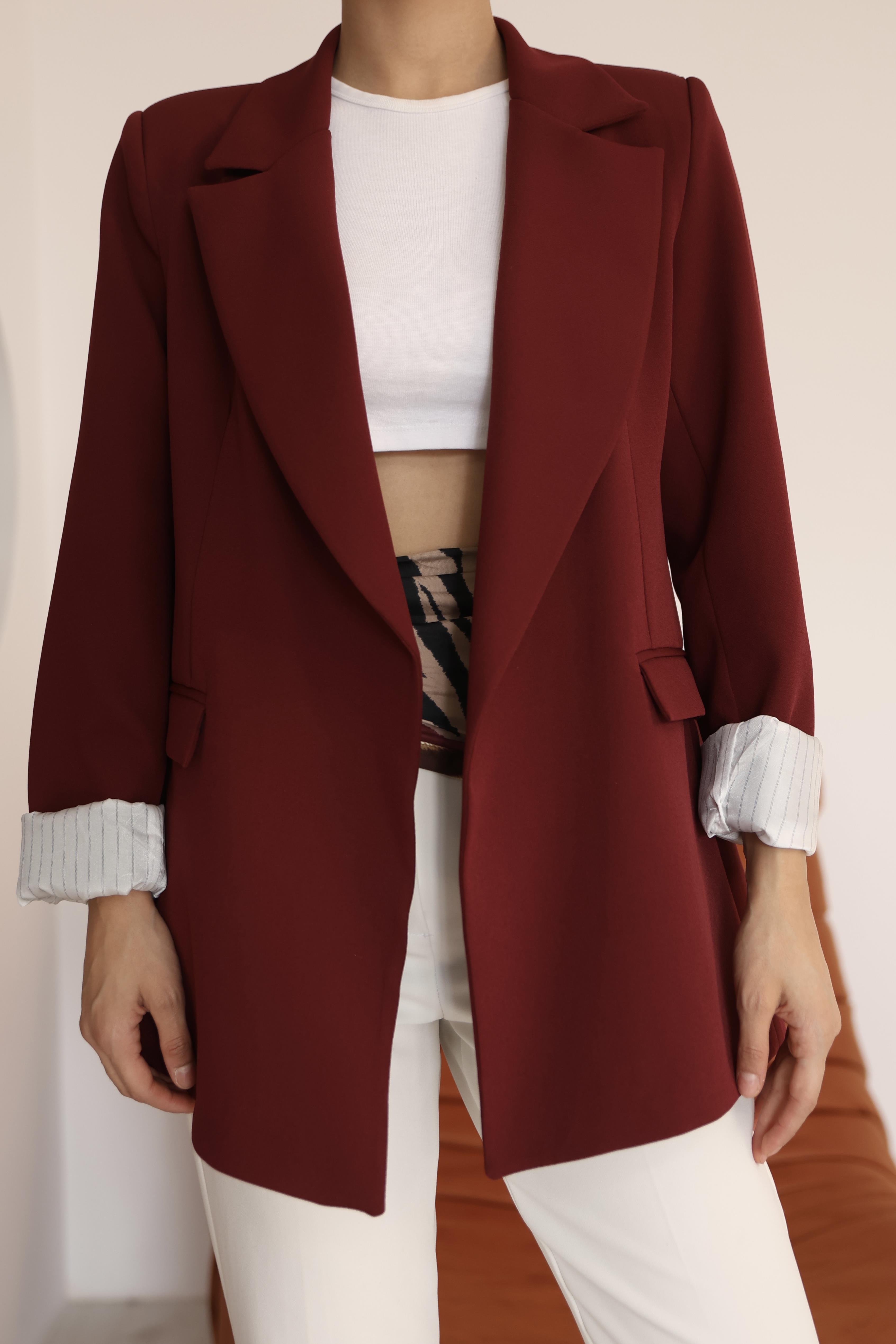 Kadın Kırmızı Kol Detaylı Blazer Ceket