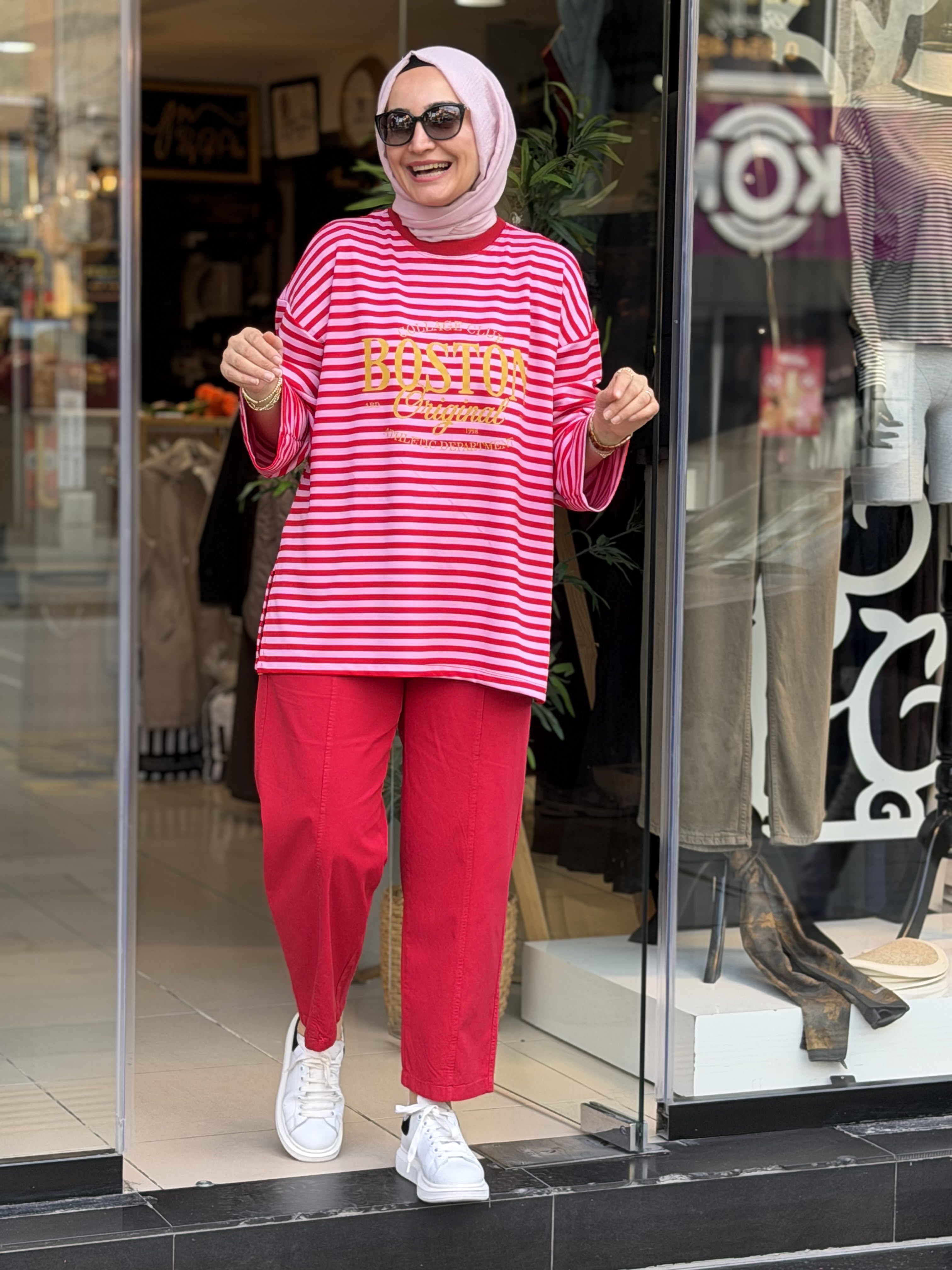 5659 ÇİZGİLİ SWEAT KIRMIZI PEMBE