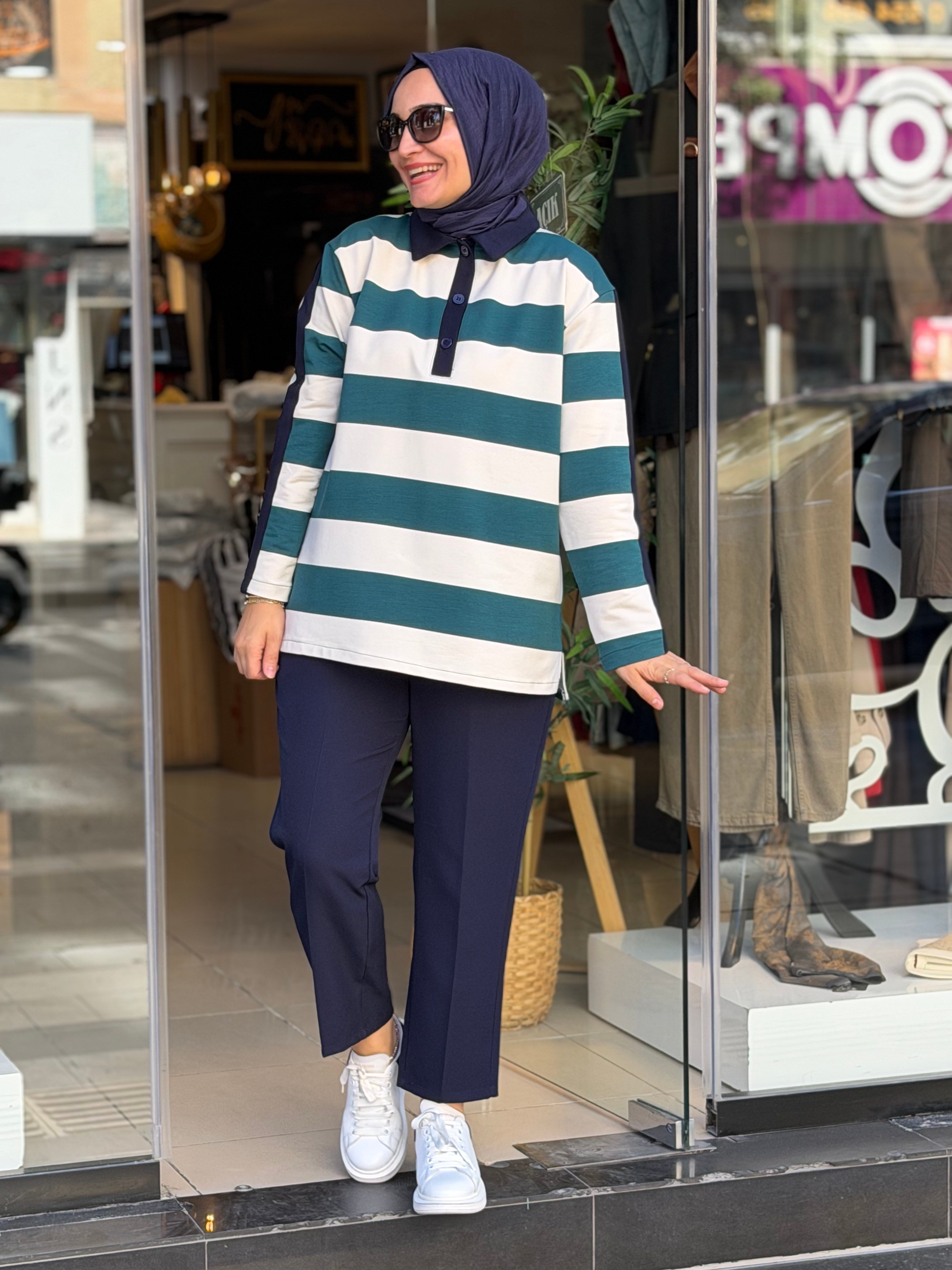 5889 YAKALI ÇİZGİLİ SWEAT PETROL