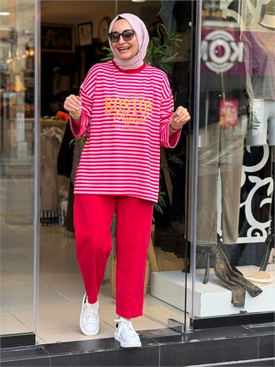 5659 ÇİZGİLİ SWEAT KIRMIZI PEMBE