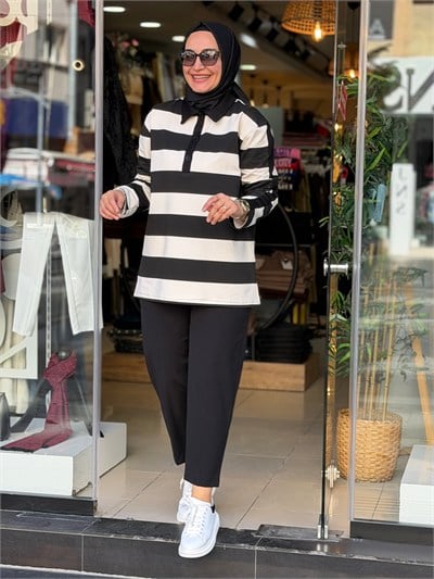 5889 YAKALI ÇİZGİLİ SWEAT SİYAH