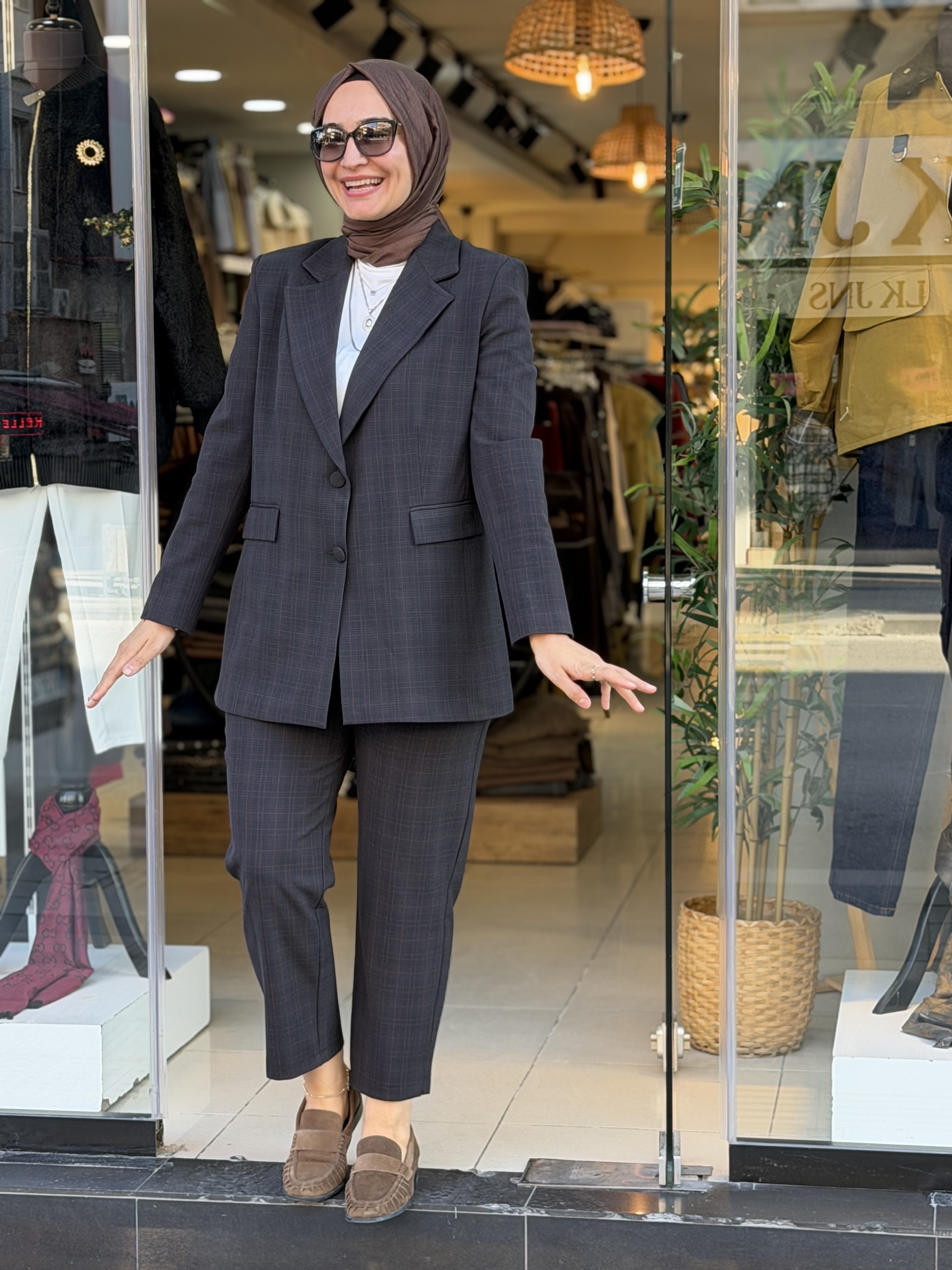 1111 BLAZER CEKETLİ TAKIM KAHVE ÇİZGİLİ