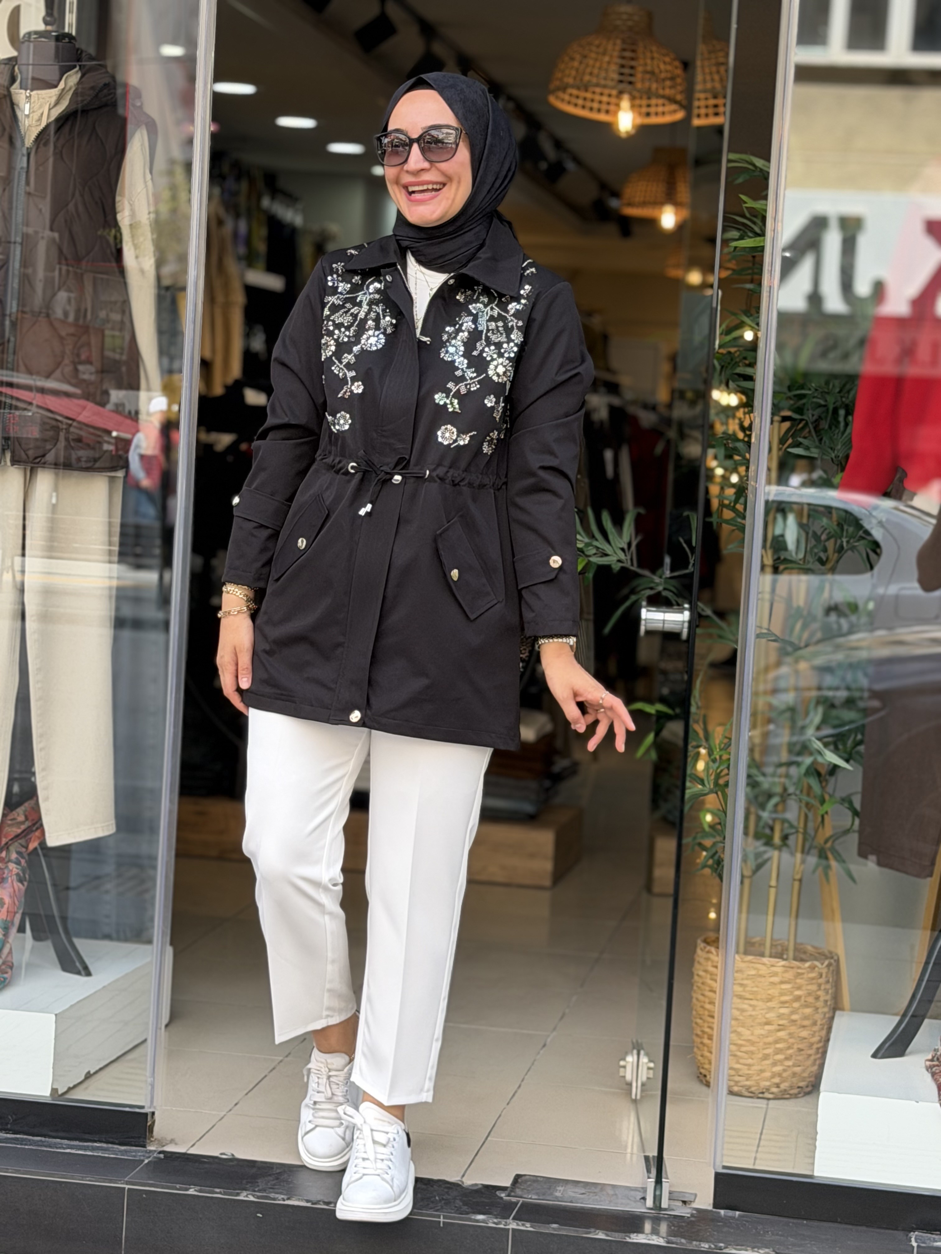 3312 TAŞLI TRENÇKOT SİYAH