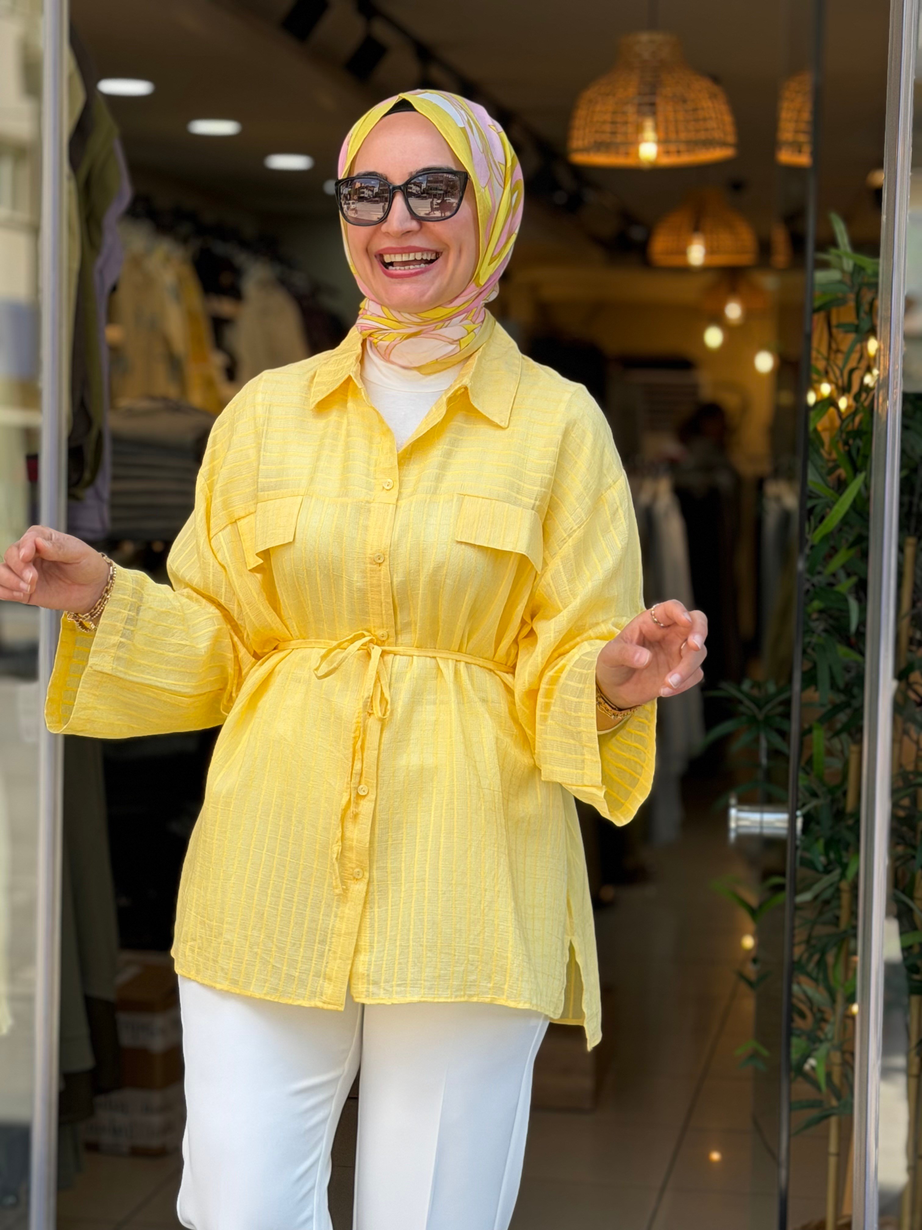 3379 KENDİNDEN ÇİZGİLİ GÖMLEK SARI