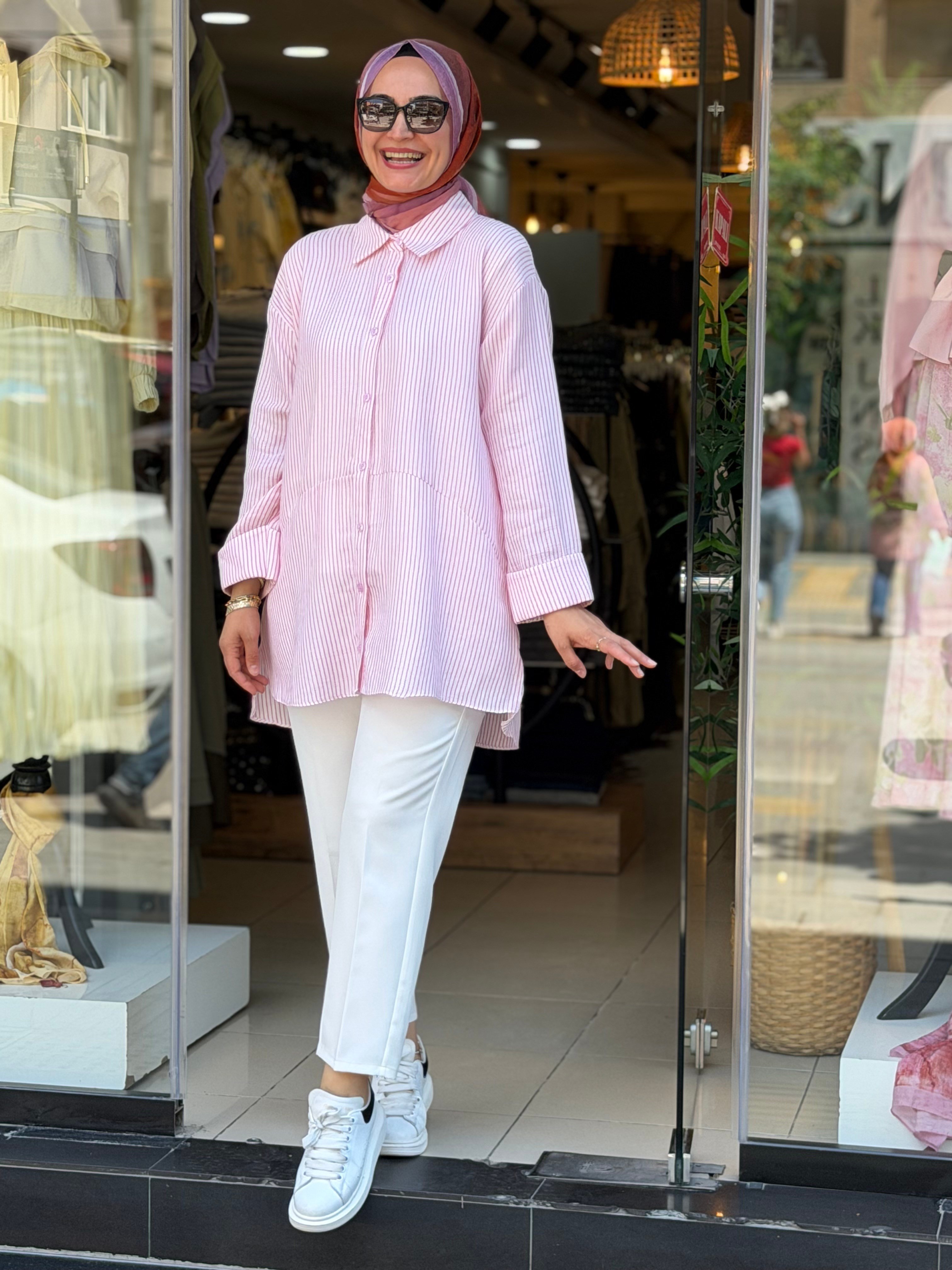 7837 PAMUK ÇİZGİLİ GÖMLEK PEMBE