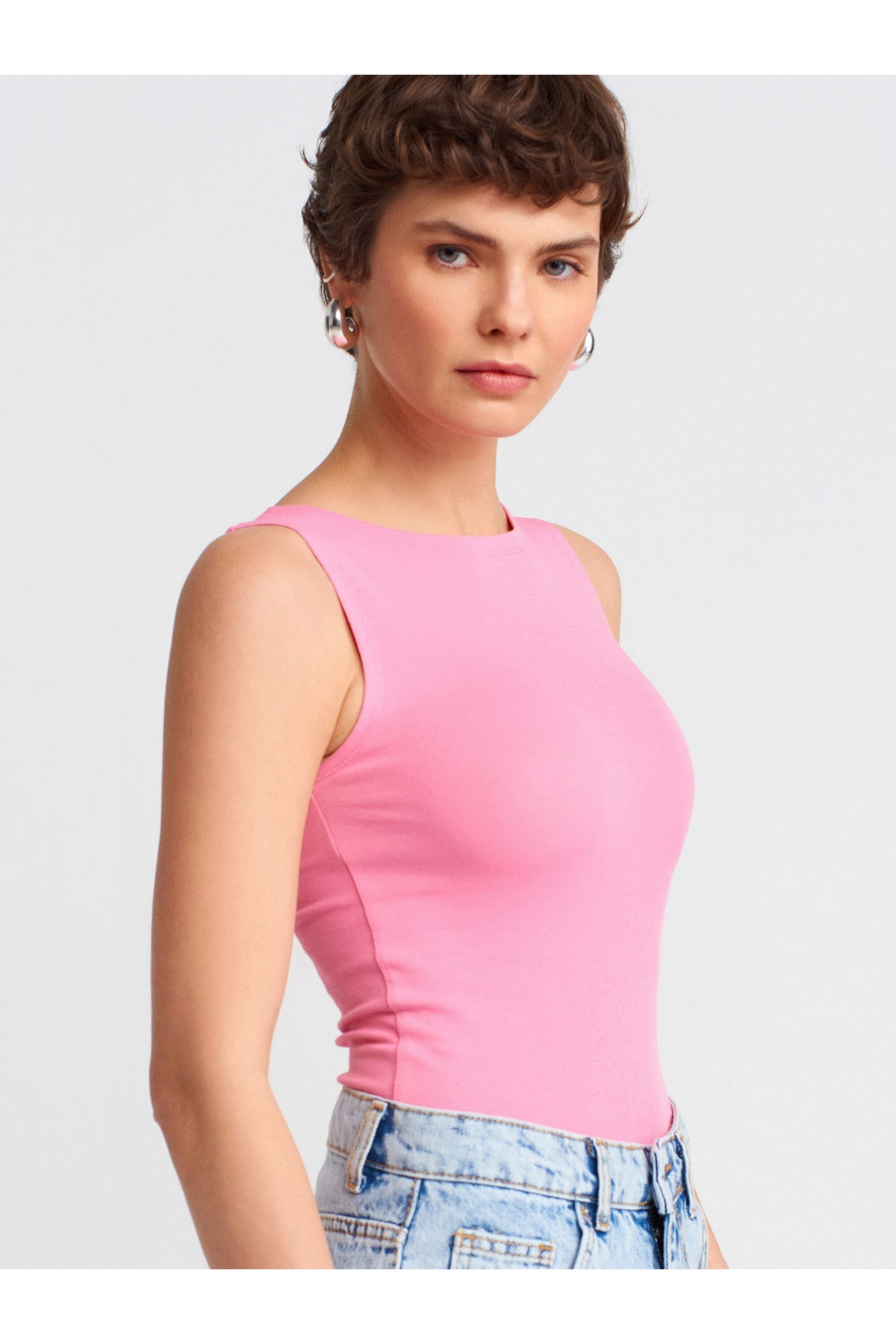 20868 Kayık Yaka Kolsuz Top-Pembe