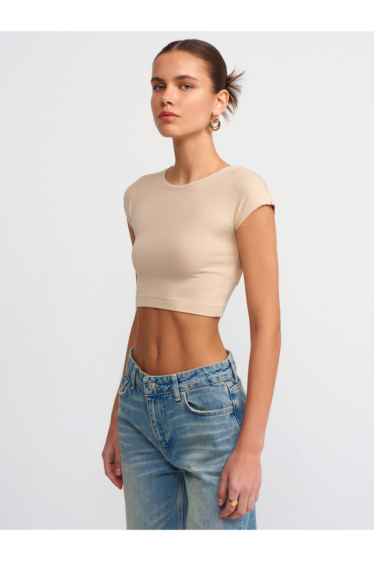 30528 Pamuk ve Modal  Karışımlı Crop Top-Açık Bej