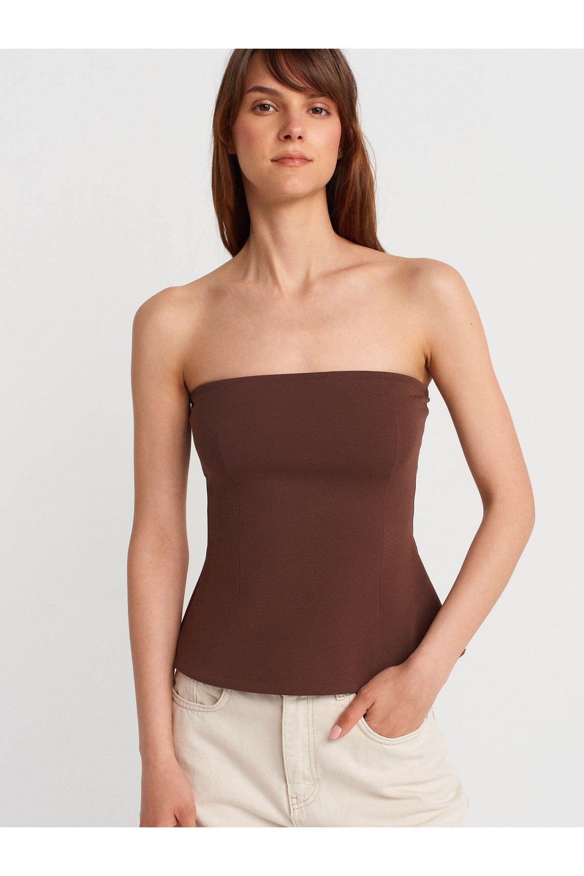 31860 Straplez Top-Açık Kahve