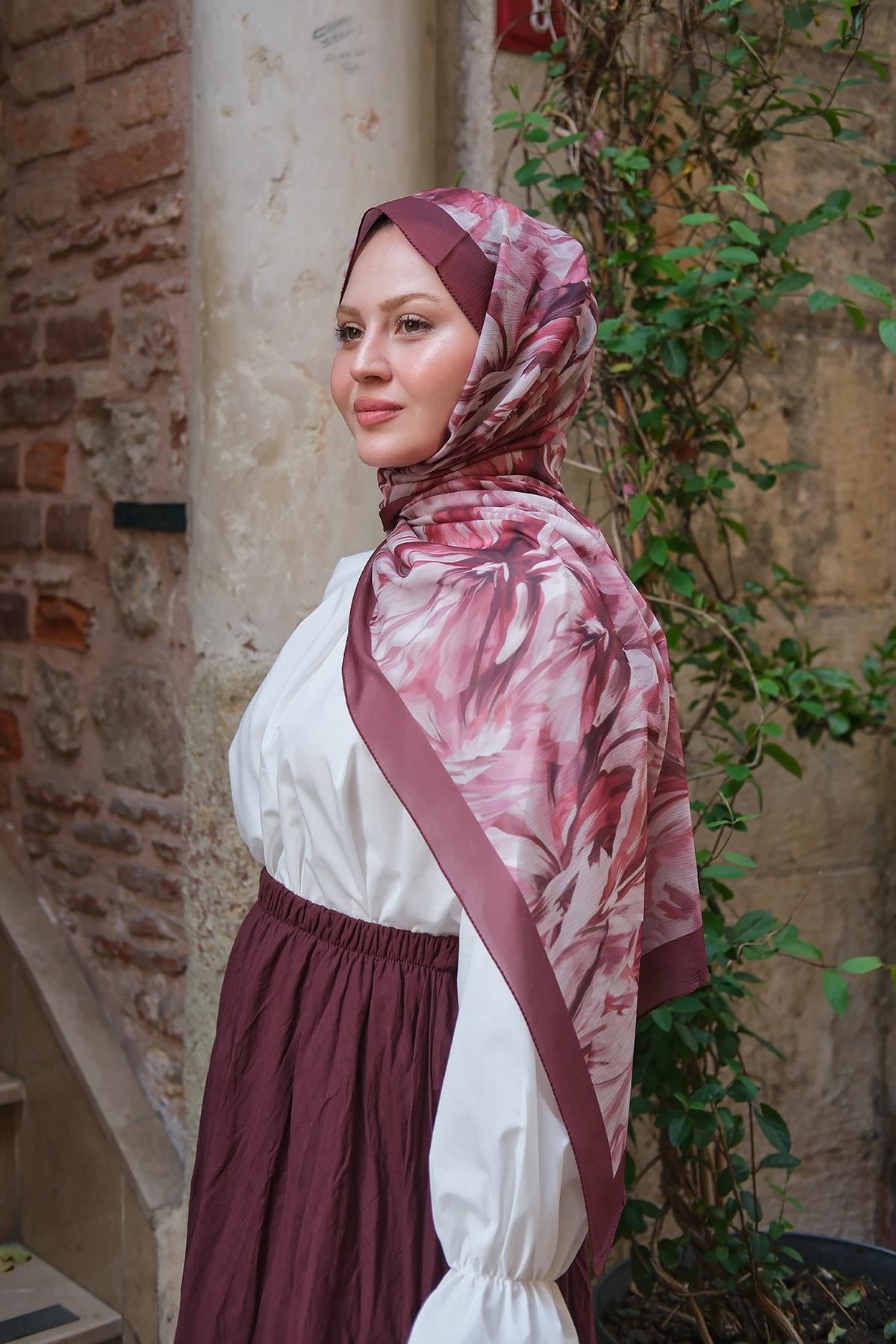 Alyena Desen Fransız İpeği Şal Bordo