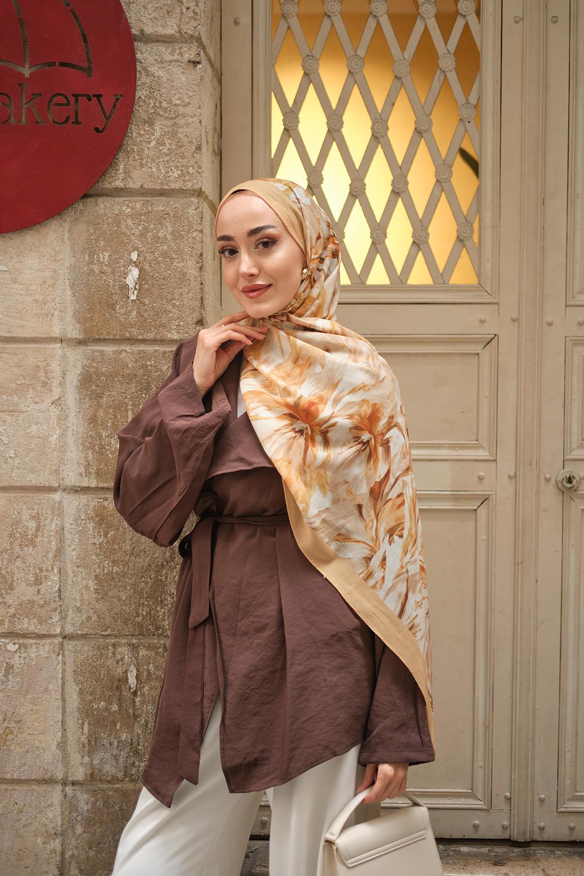 Alyena Desen Fransız İpeği Şal Karamel