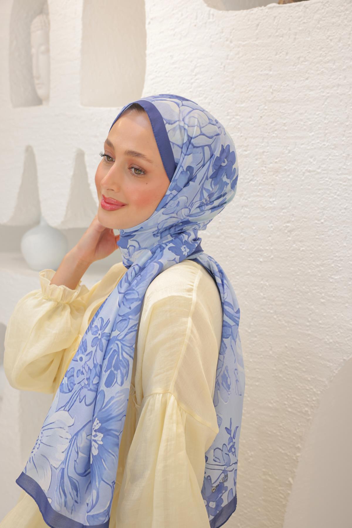 Begonia Desenli Pamuk Şal Mavi