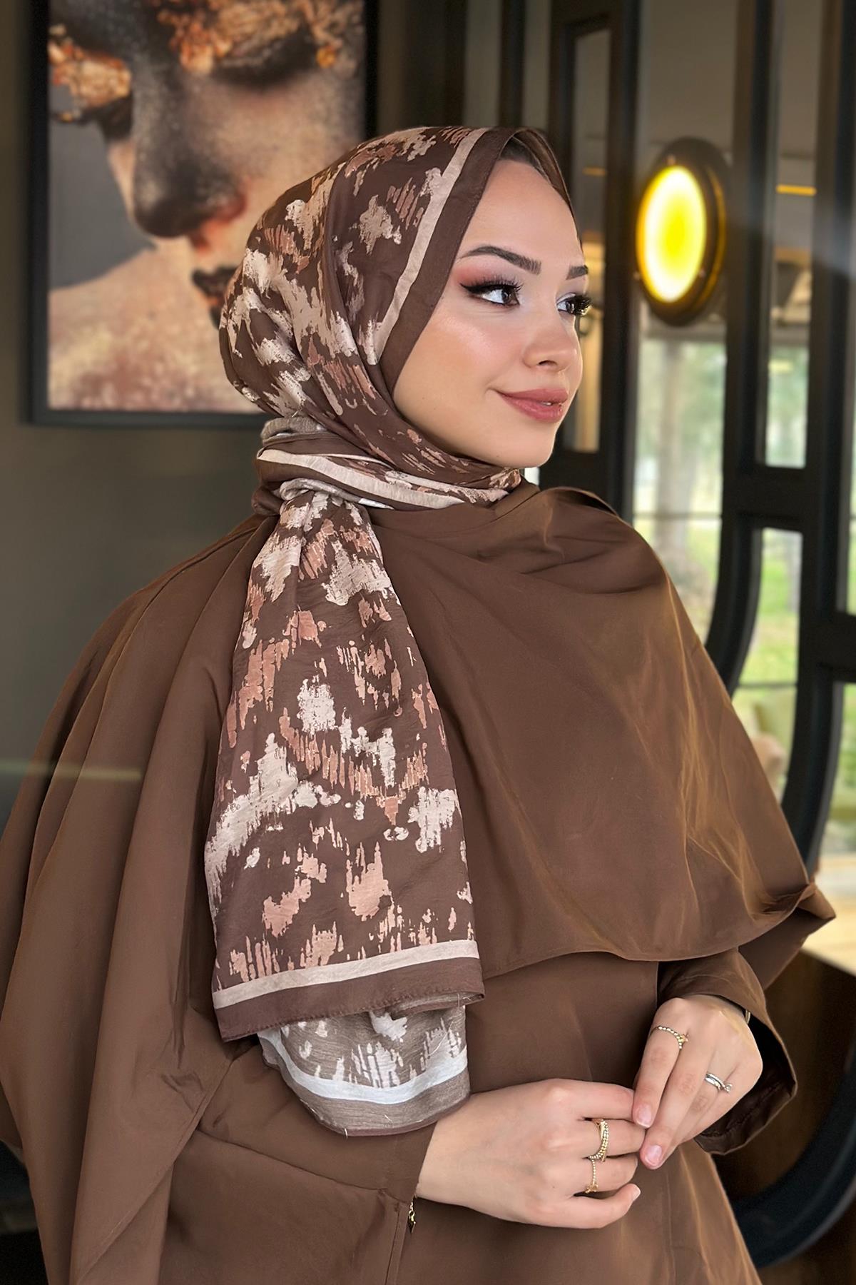 Collect Desen Viskon Şal Sıcak Kahve
