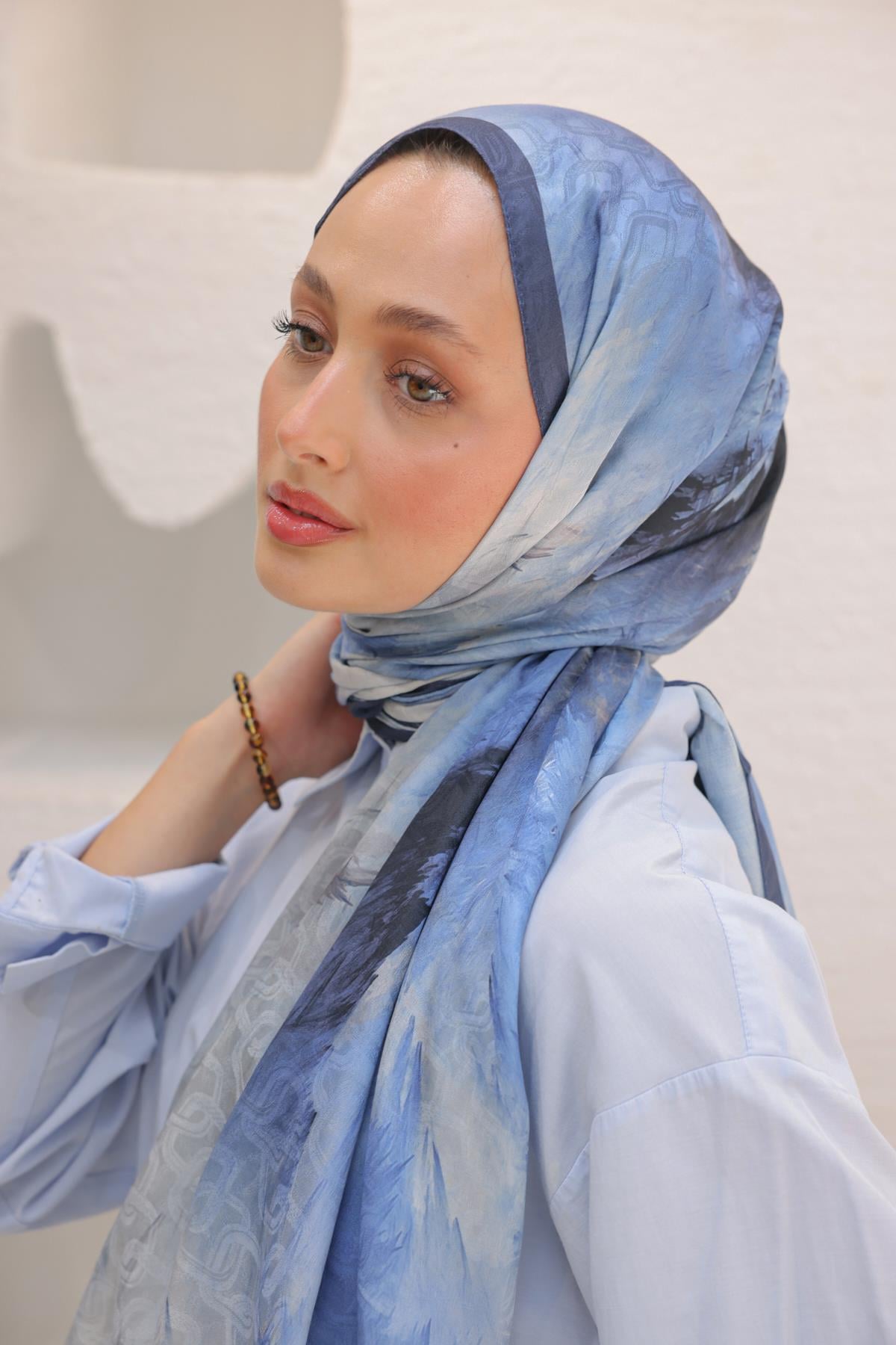 Dream Colour Desen Pamuk İpek Şal Gök Mavi