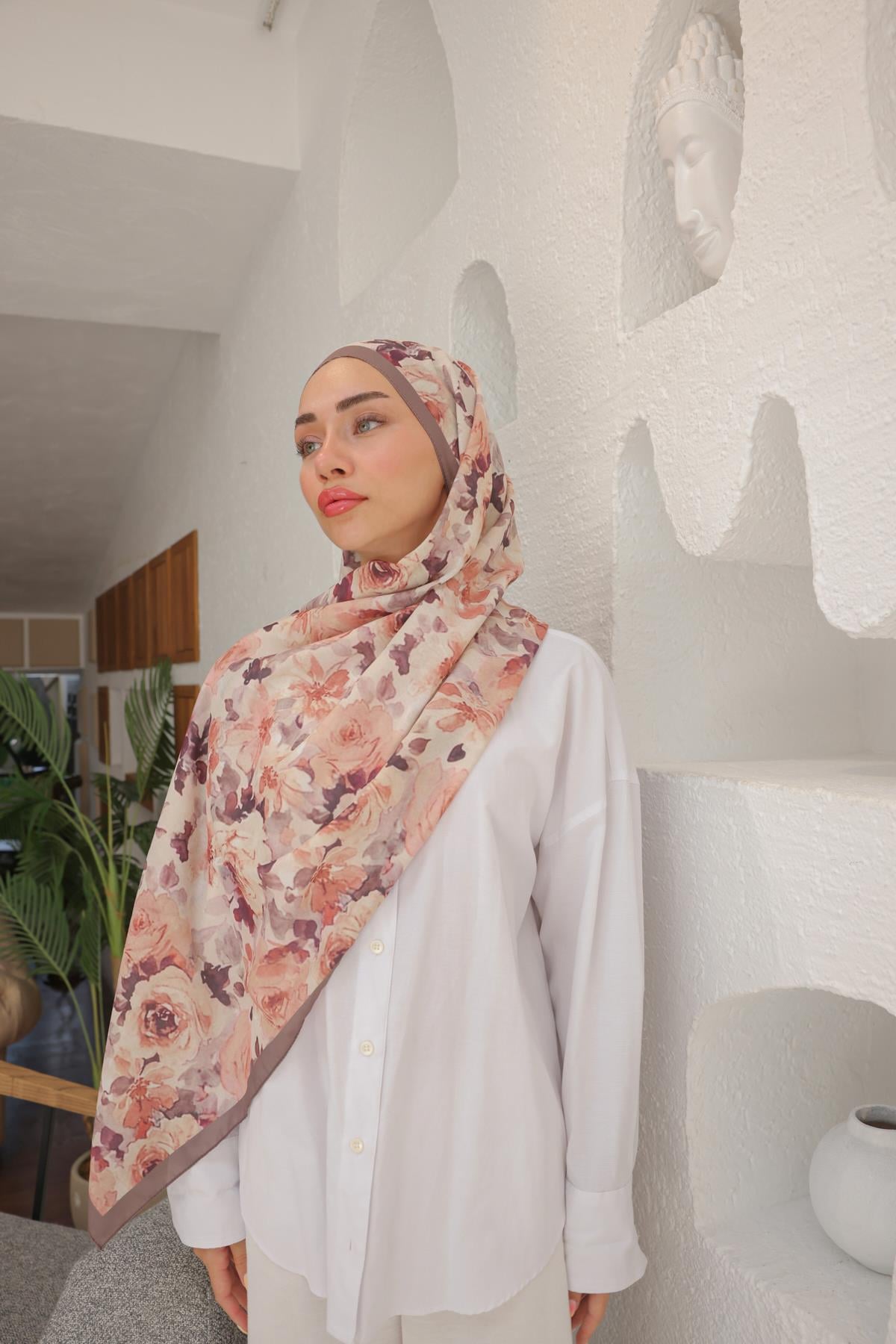 Flora Desenli Pamuk Şal Vizon