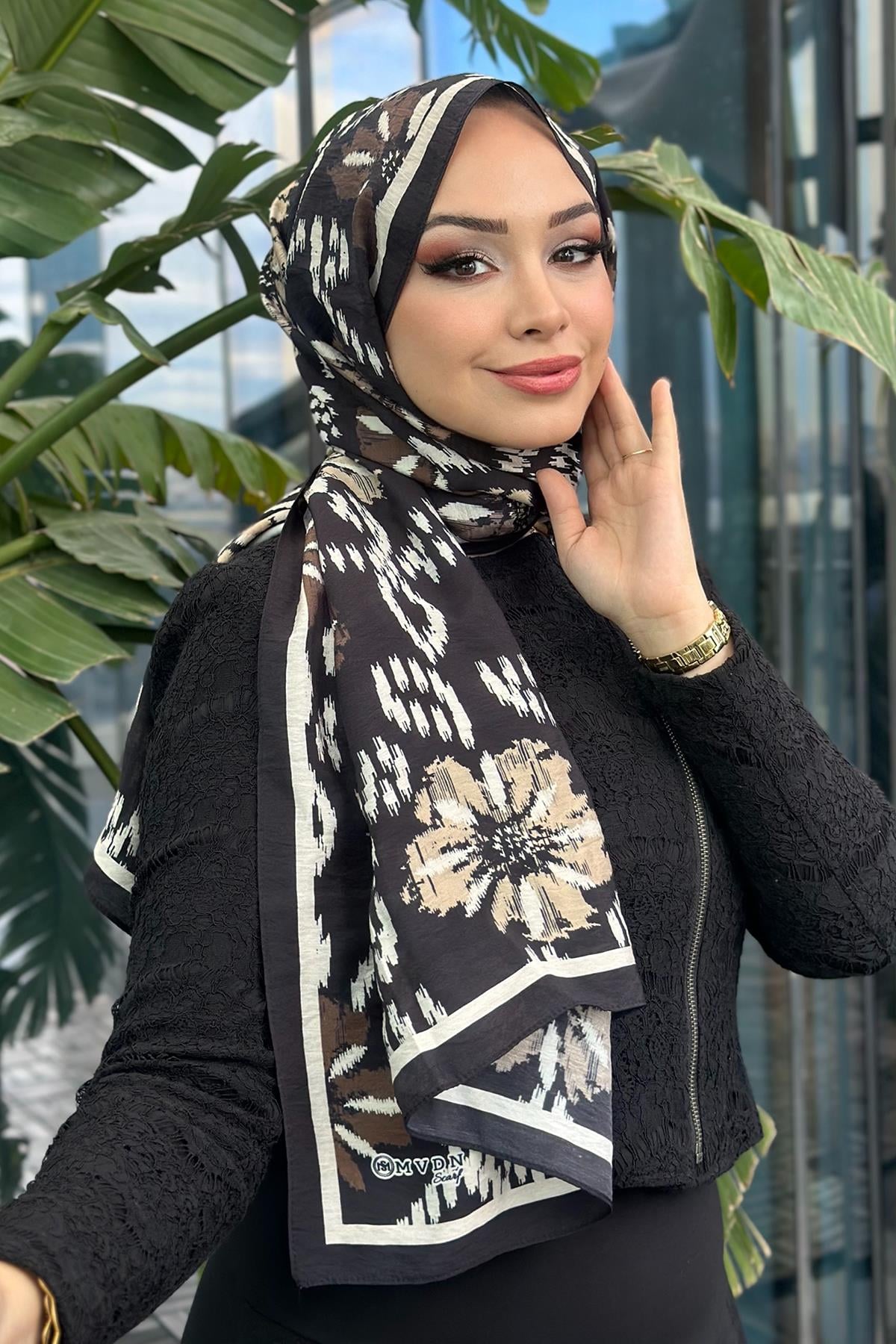 Flower Desen Viskon Şal Lacivert Bej