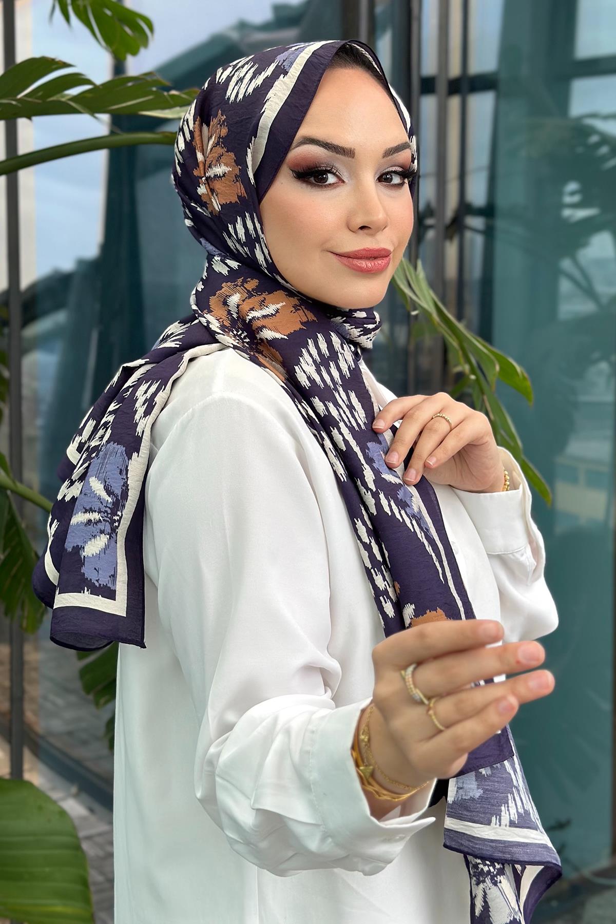 Flower Desen Viskon Şal Taba Lacivert