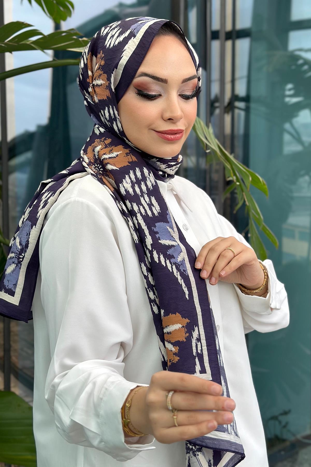 Flower Desen Viskon Şal Taba Lacivert