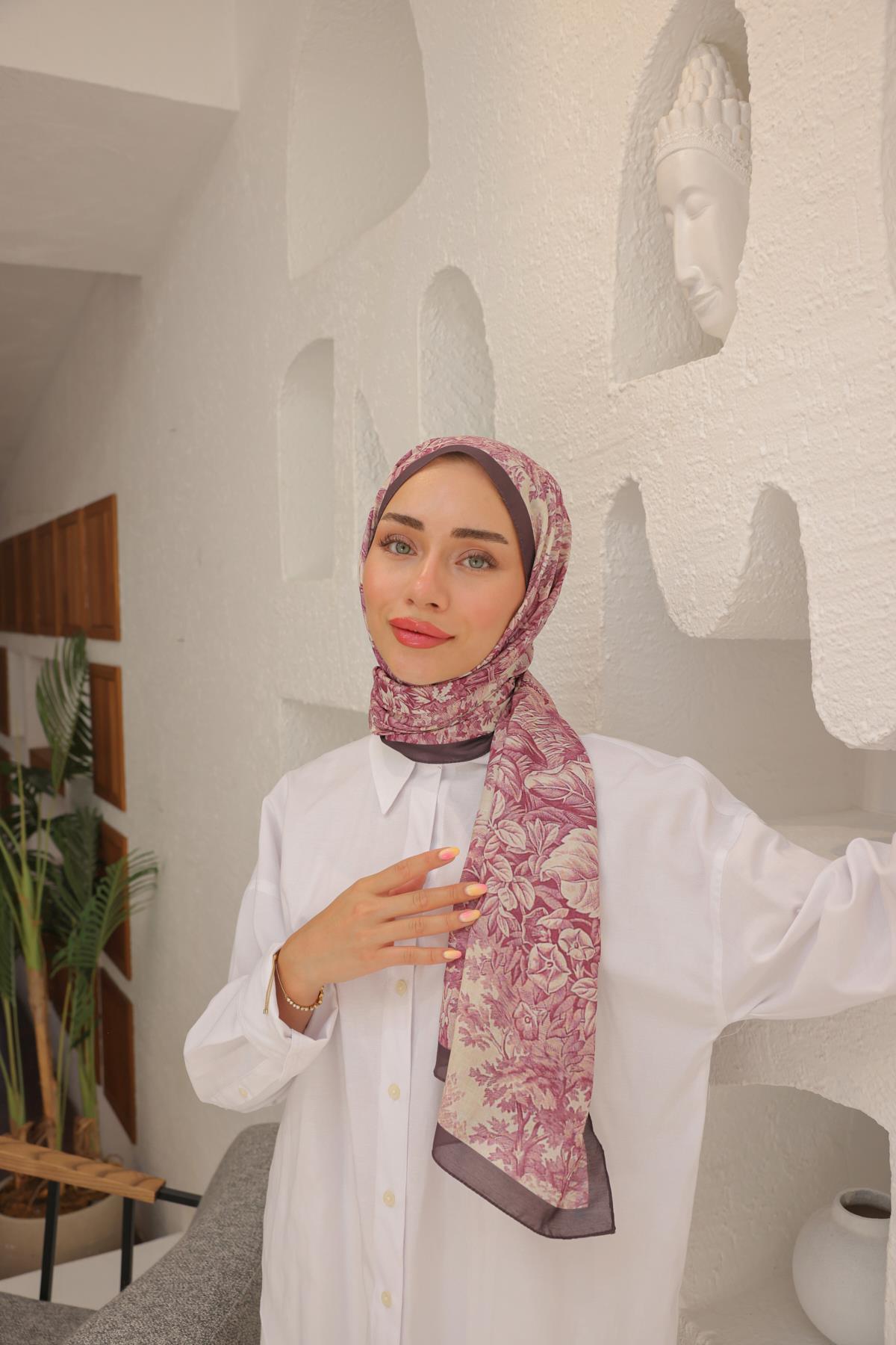 Forest Desenli Pamuk Şal Mürdüm