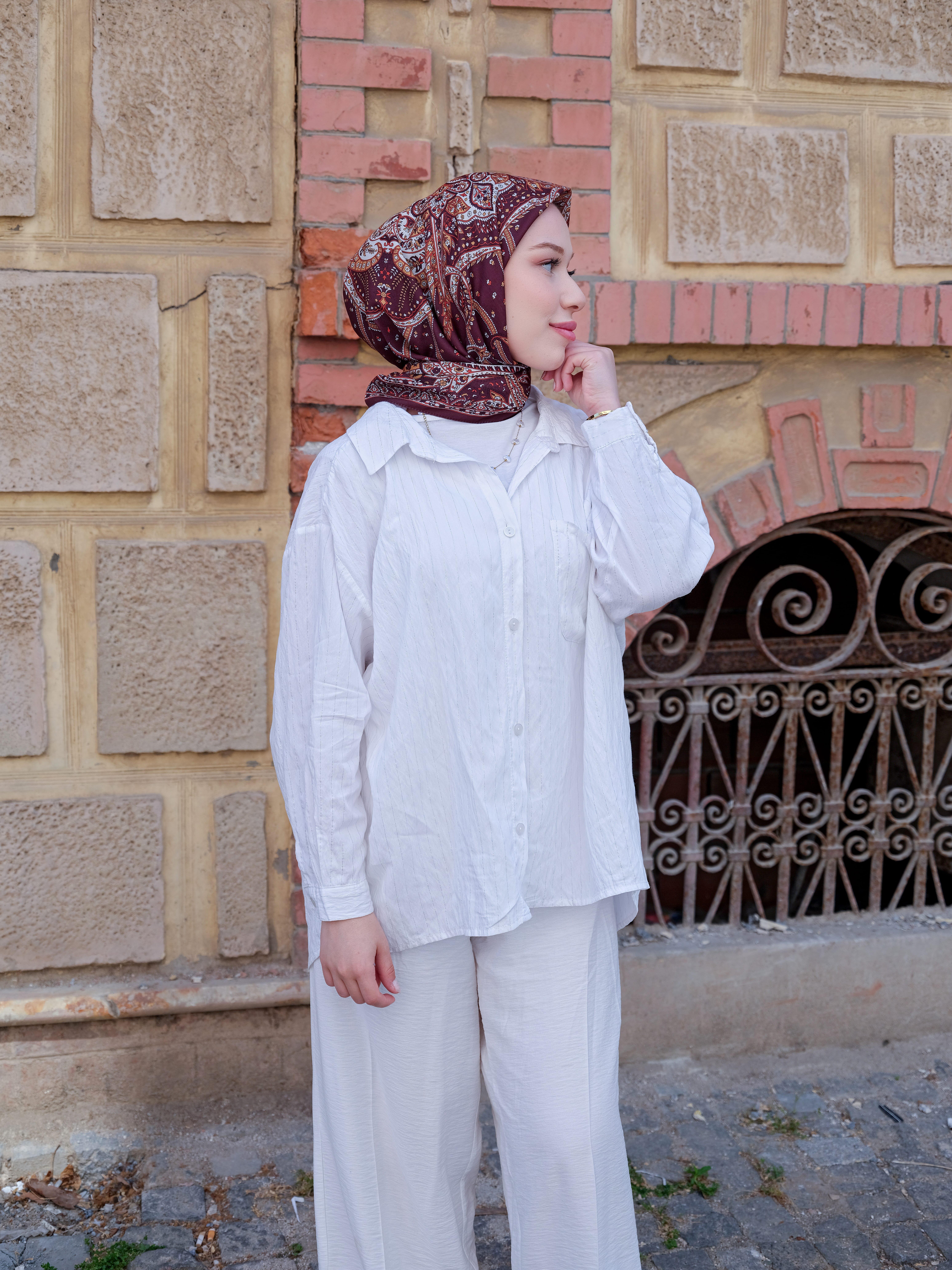 Freda Desen Eşarp Kızıl Kahve
