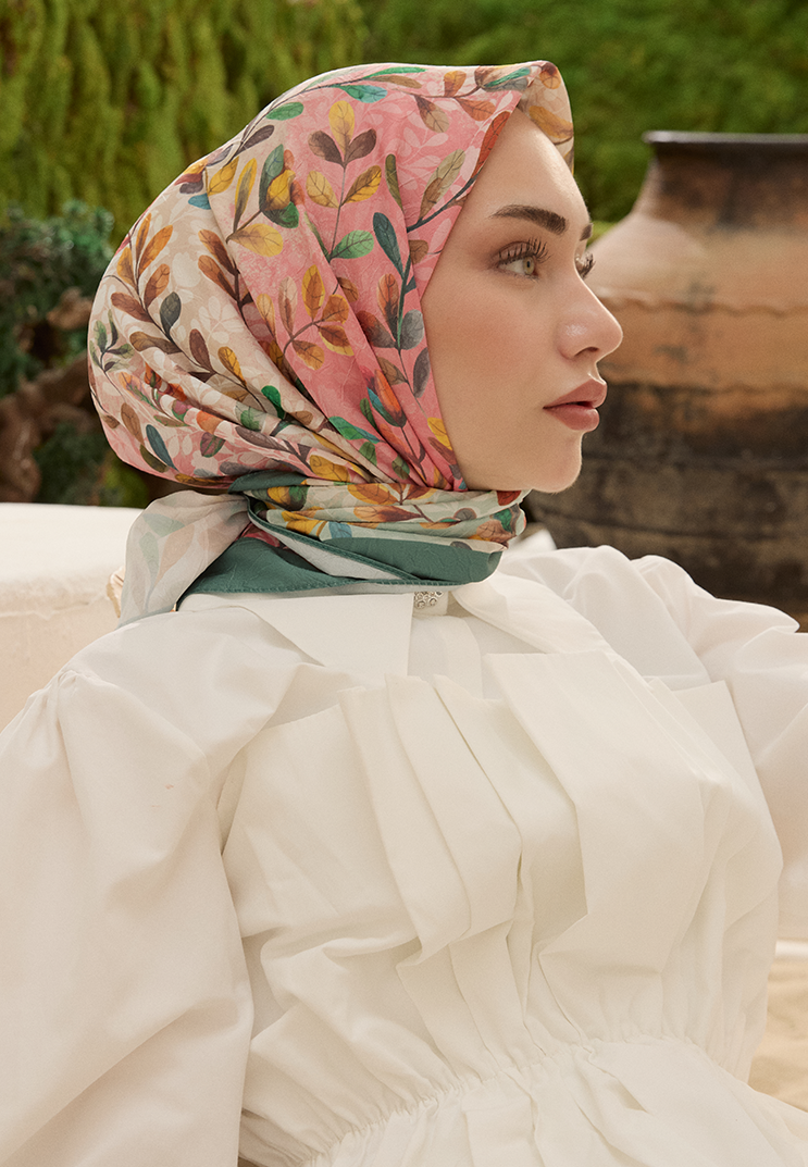 Leaf Desen Bambu Kraş Eşarp Çam Yeşil