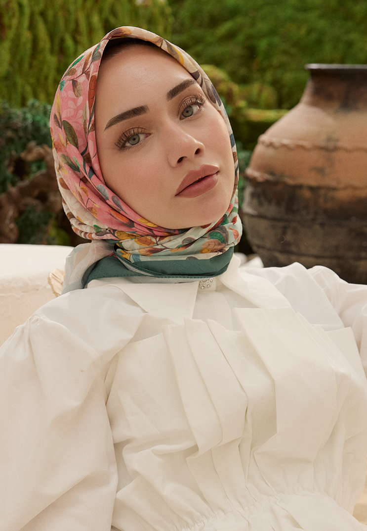 Leaf Desen Bambu Kraş Eşarp Çam Yeşil