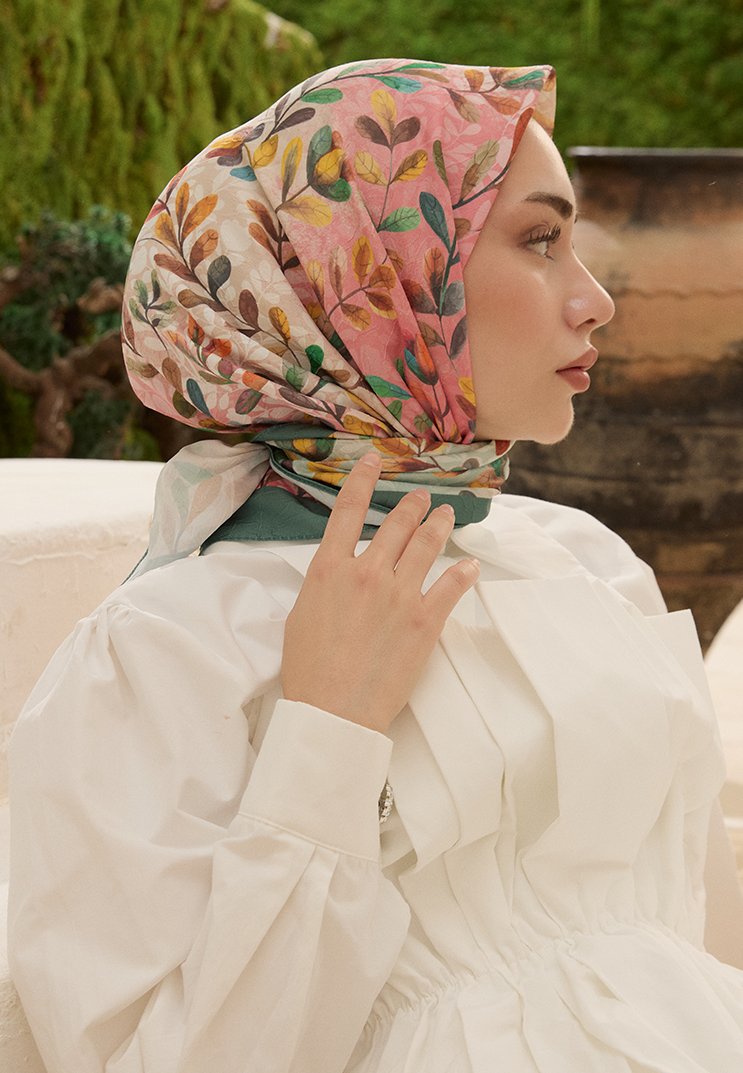 Leaf Desen Bambu Kraş Eşarp Çam Yeşil