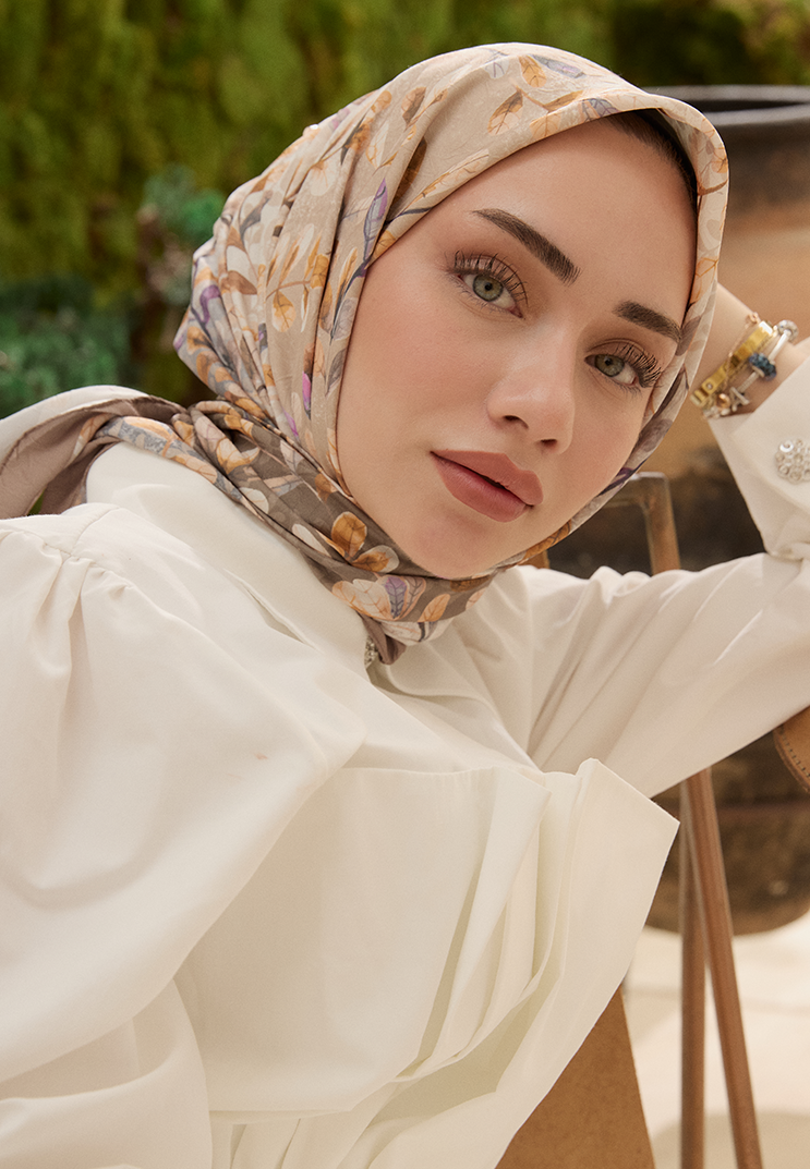 Leaf Desen Bambu Kraş Eşarp Ceviz Kabuğu