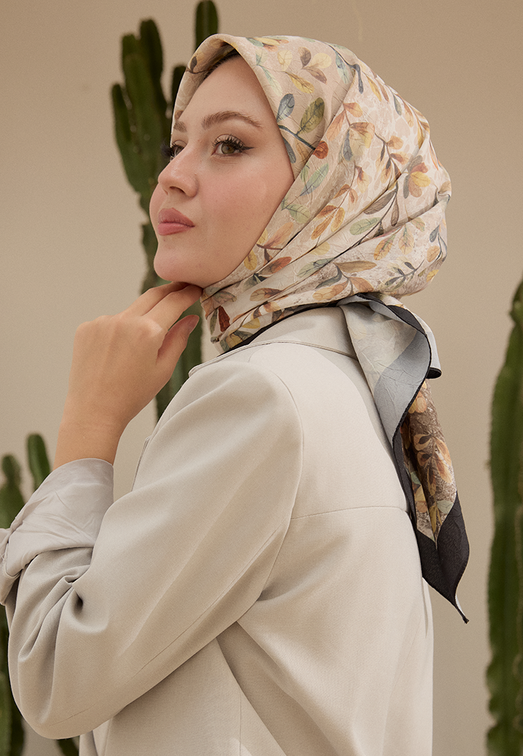 Leaf Desen Bambu Kraş Eşarp Gümüş Gri