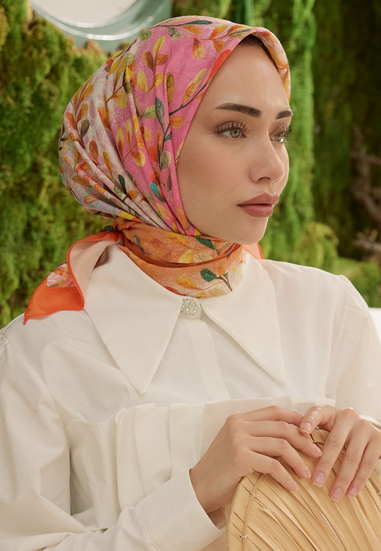 Leaf Desen Bambu Kraş Eşarp Portakal