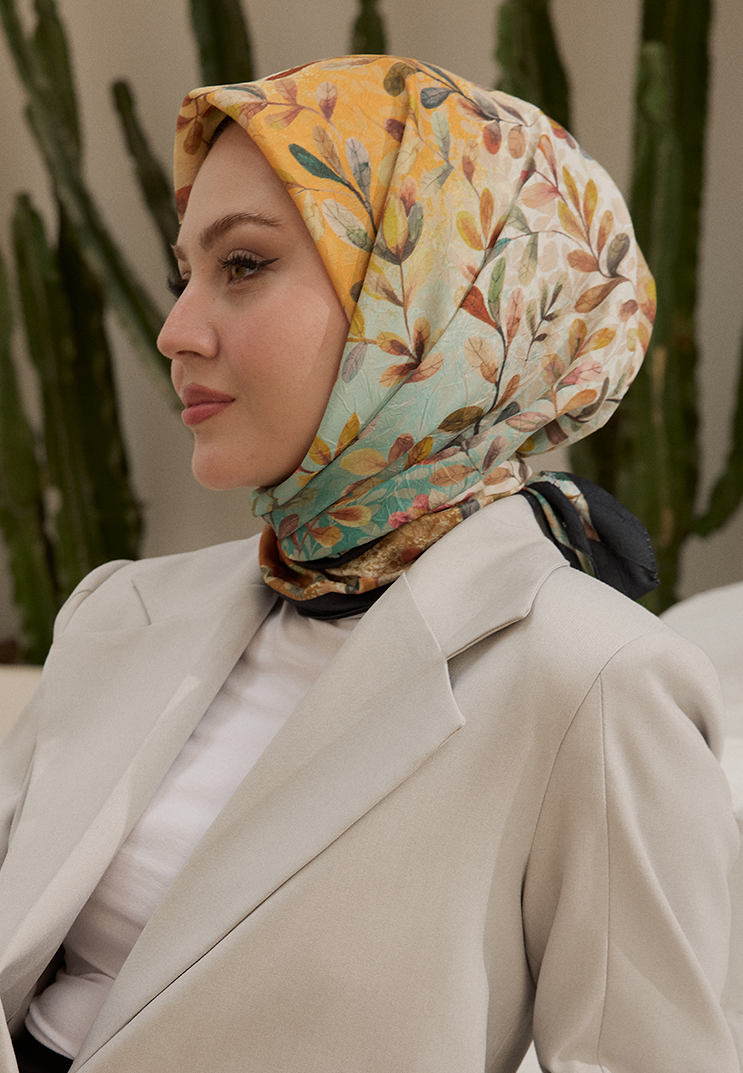 Leaf Desen Bambu Kraş Eşarp Yeşil