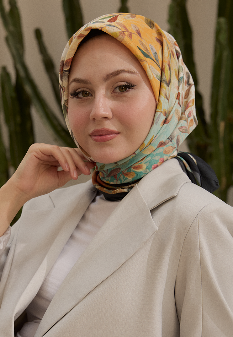 Leaf Desen Bambu Kraş Eşarp Yeşil