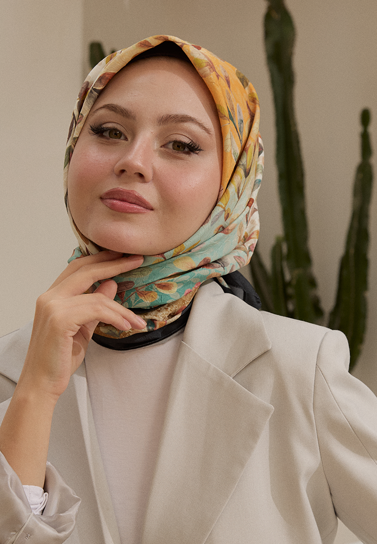 Leaf Desen Bambu Kraş Eşarp Yeşil