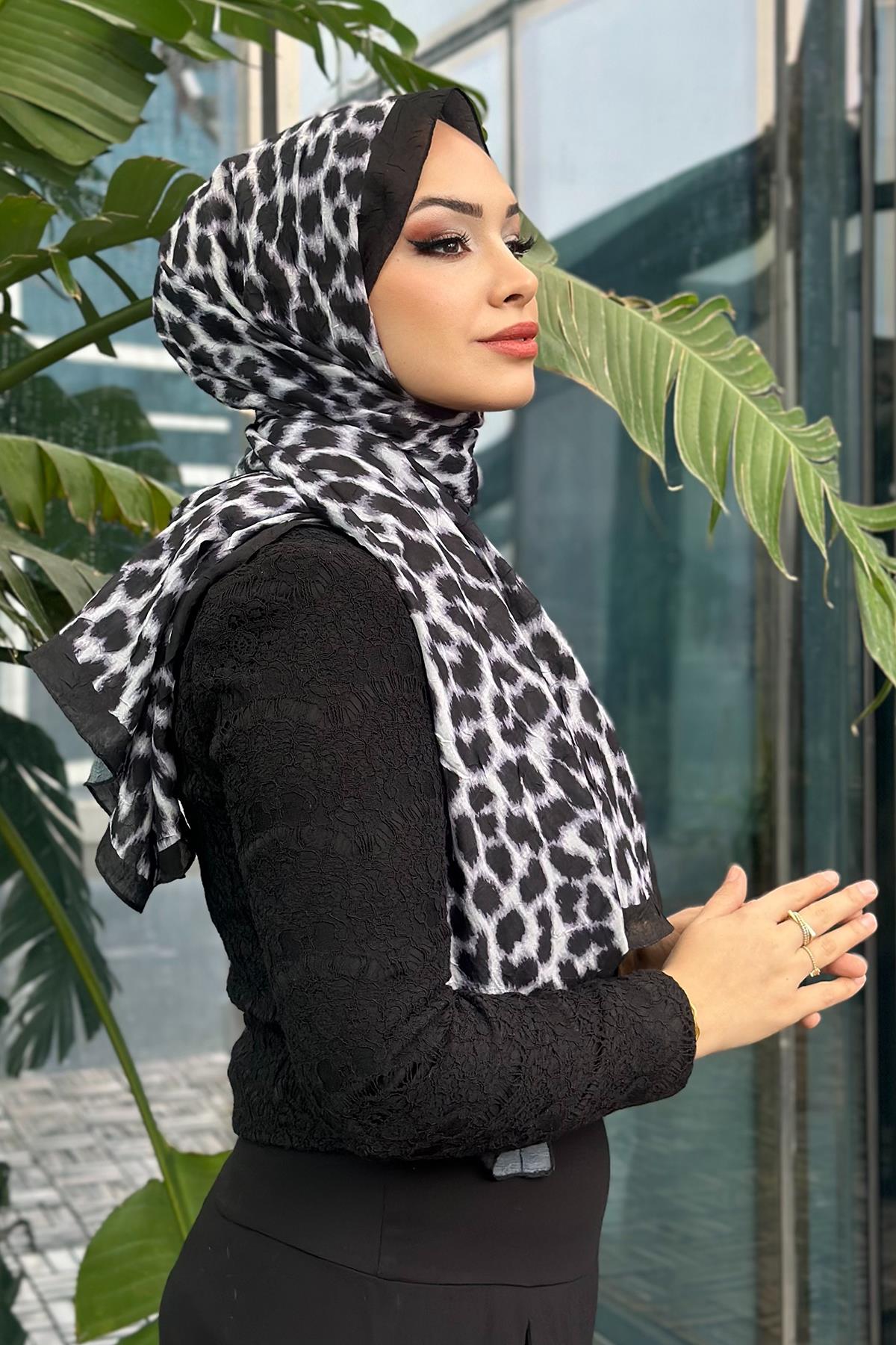 Leopar Desen Kraş Şal Gümüş